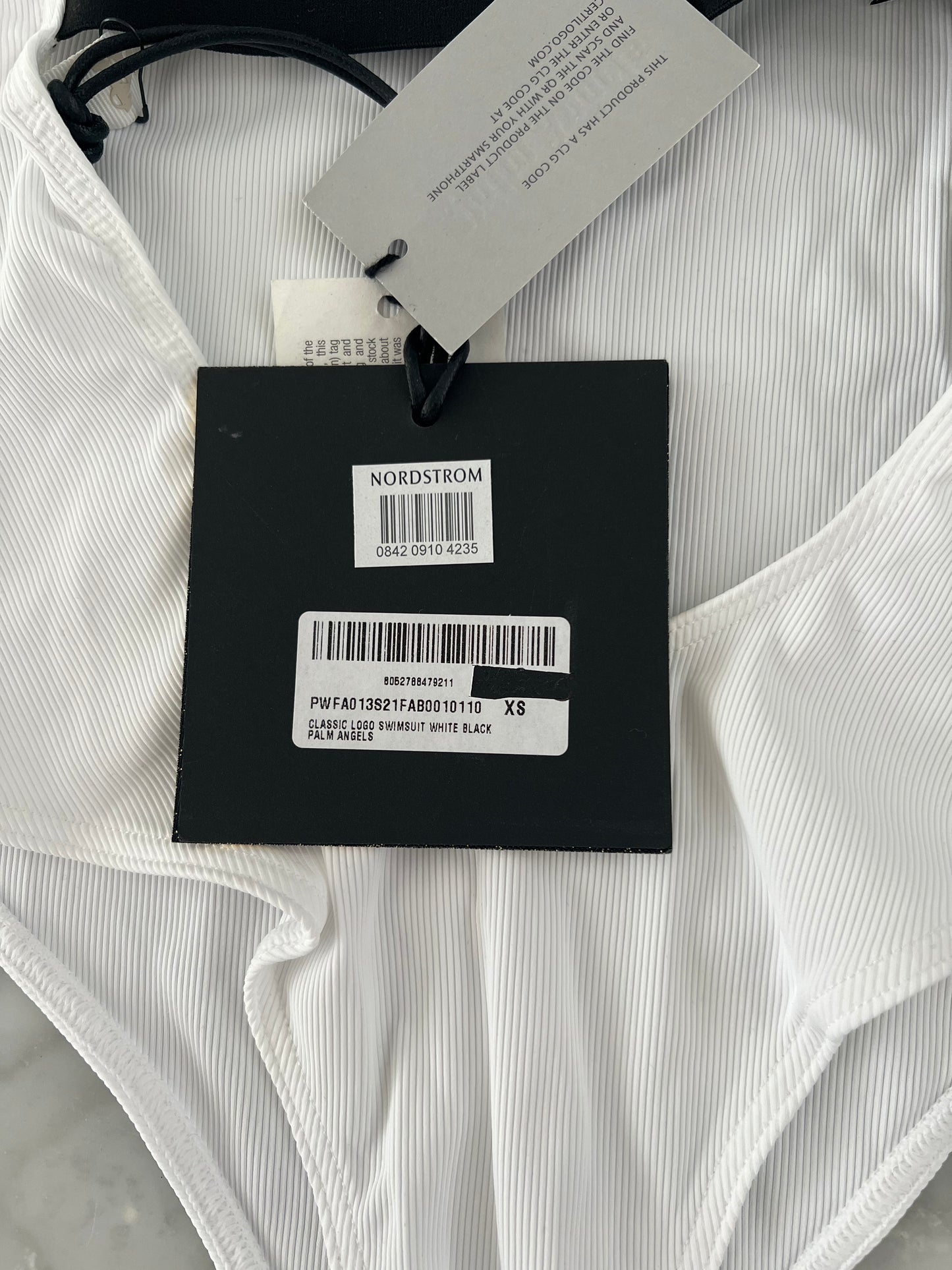 Palm Angels White One Piece Black Strap Ribbed Swimsuit