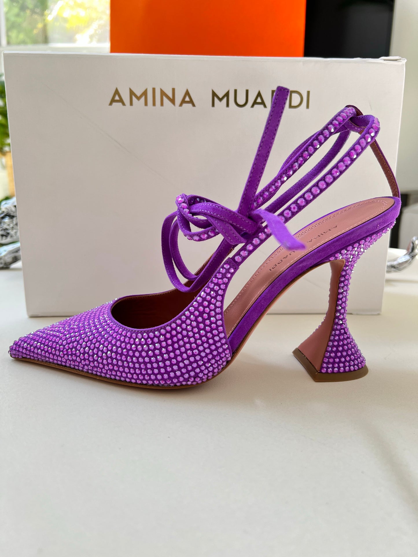 Amina Muaddi Karma Suede Crystal Embellished Lace Up Pumps Violet