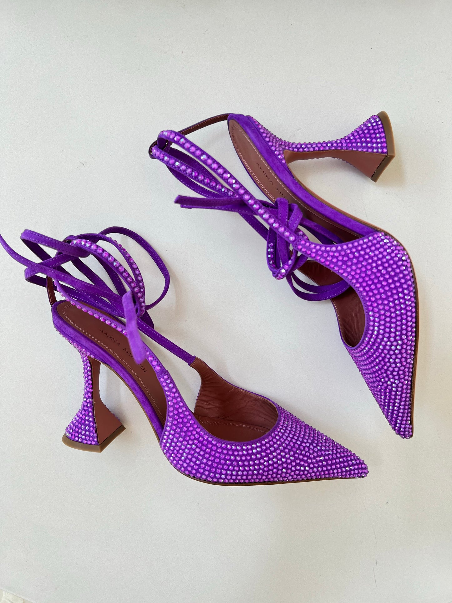 Amina Muaddi Karma Suede Crystal Embellished Lace Up Pumps Violet