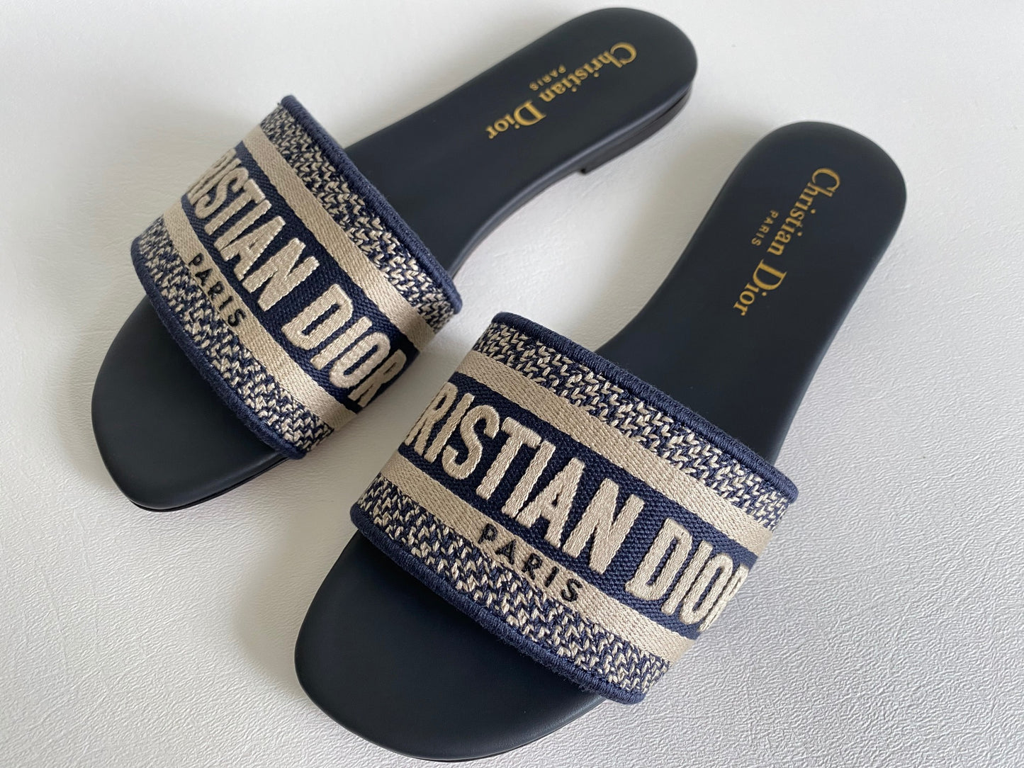Dior Dway Deep Blue Embroidered Cotton Logo Slides
