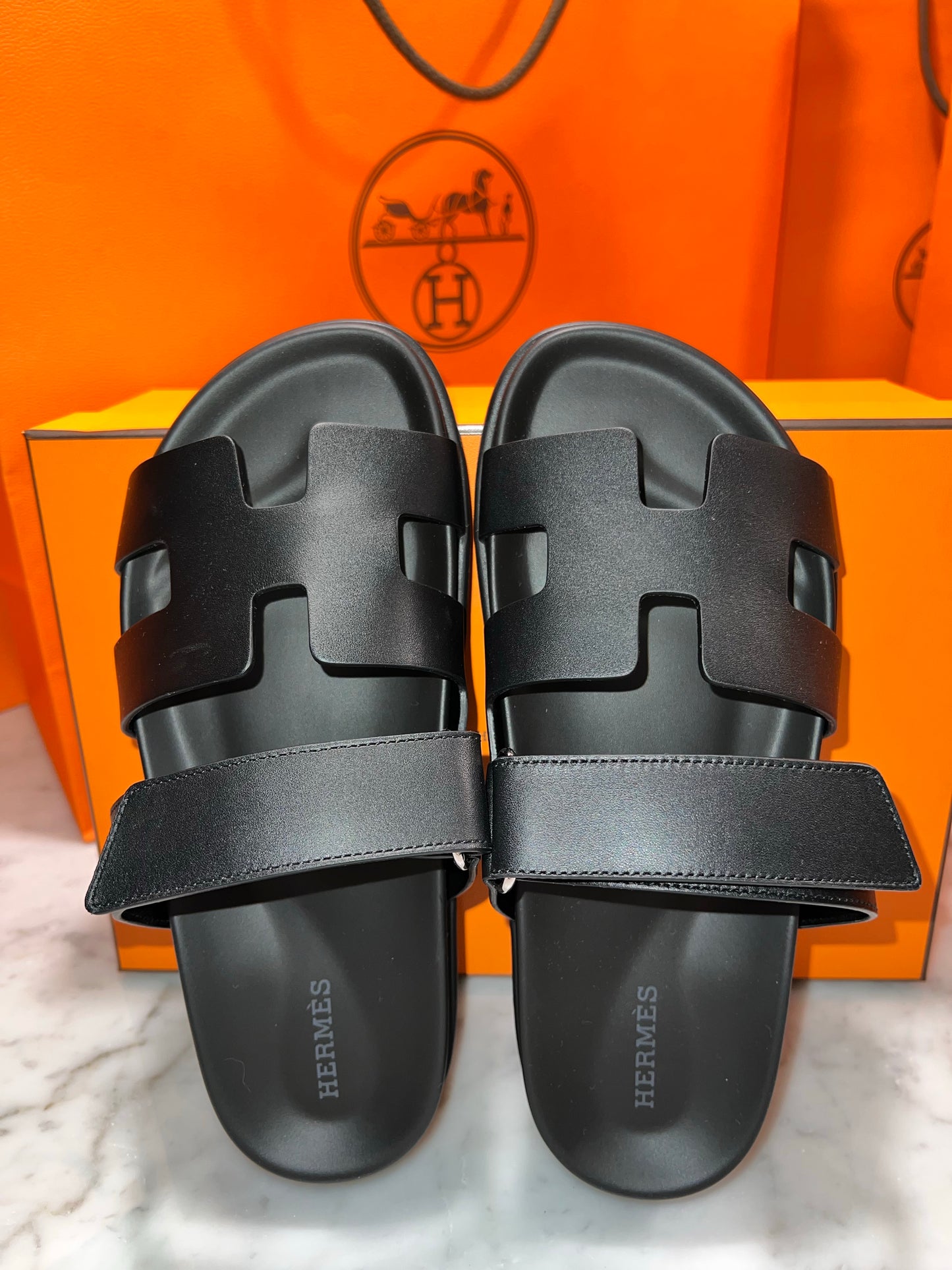 HERMES H CHYPRE BLACK CALFSKIN LEATHER SANDALS SHOES FLAT SLIDES