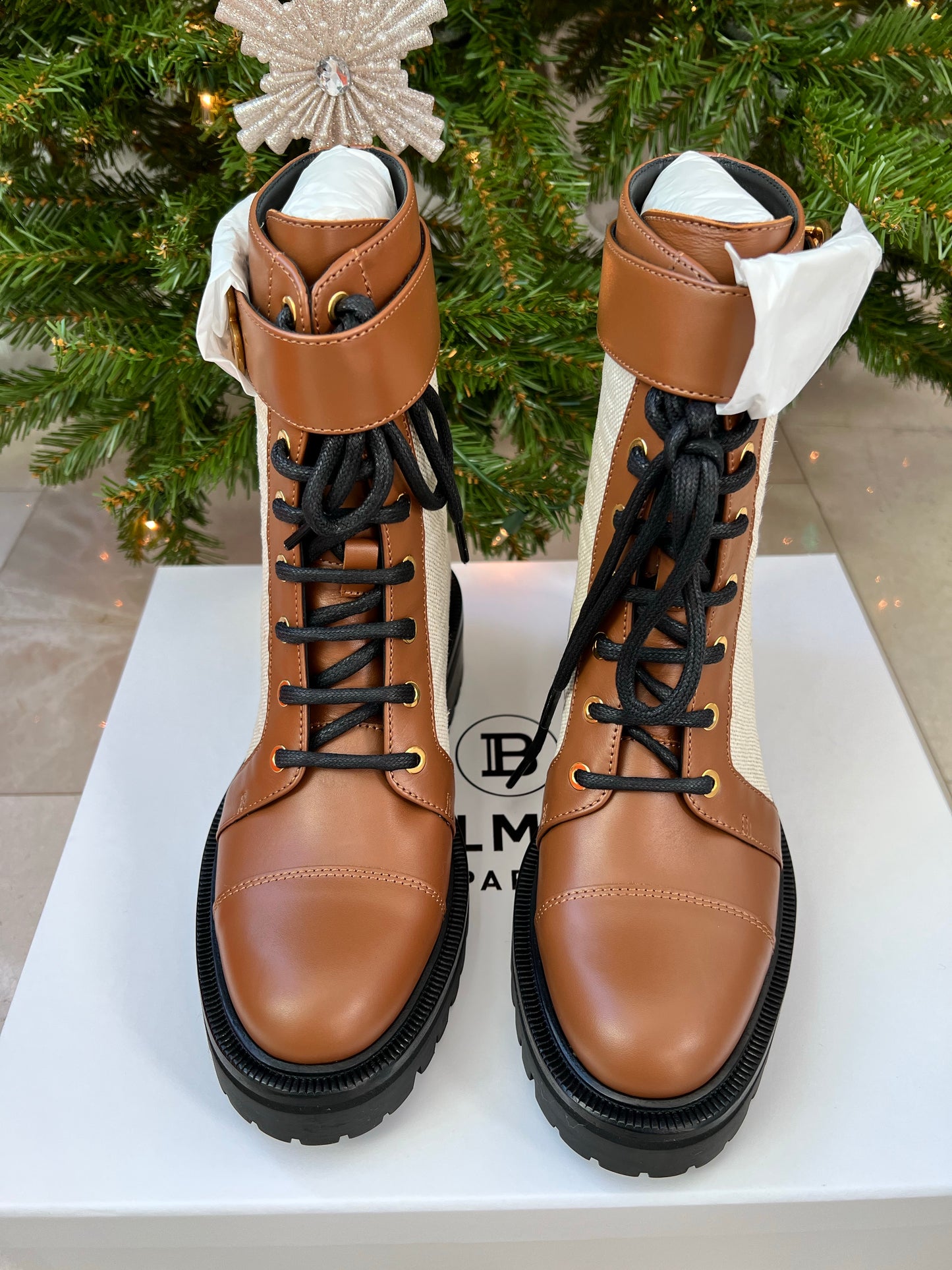 Balmain Ranger Romy Monogram Combat Brown Buckle Ankle Booties Boots