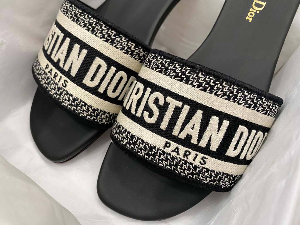 Dior Dway Black Fabric Slides Sandals Logo