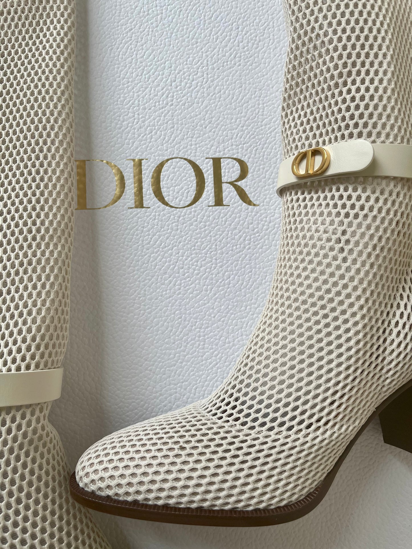 Dior Empreinte Montaigne 70 mm Off White Knee High Pull On Caged Boots