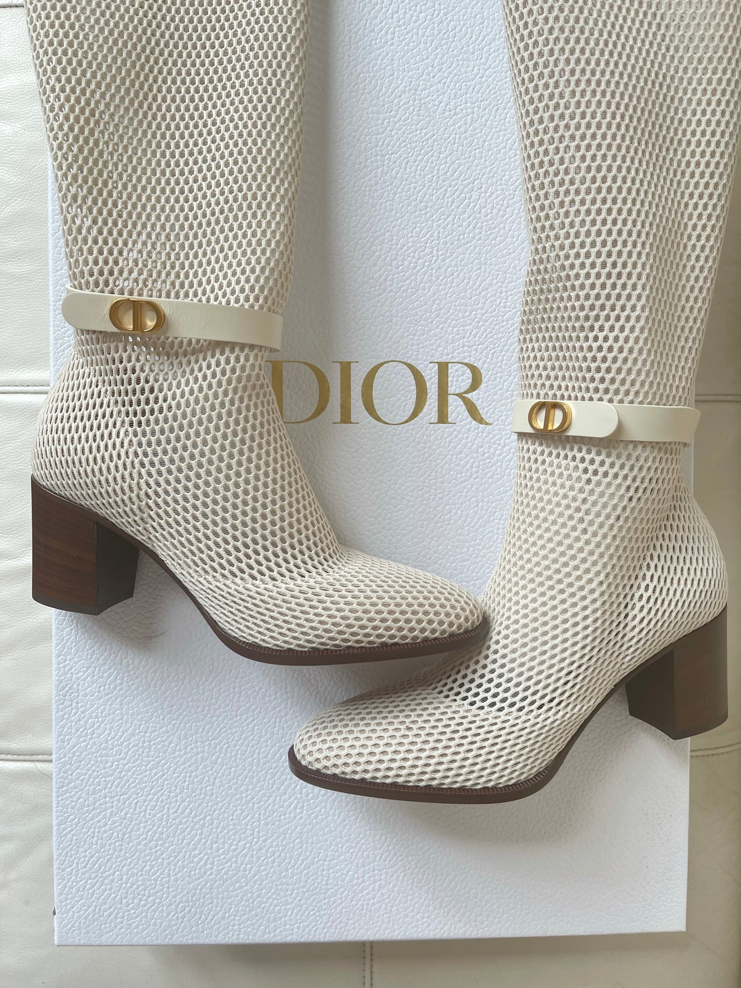 Dior Empreinte Montaigne 70 mm Off White Knee High Pull On Caged Boots