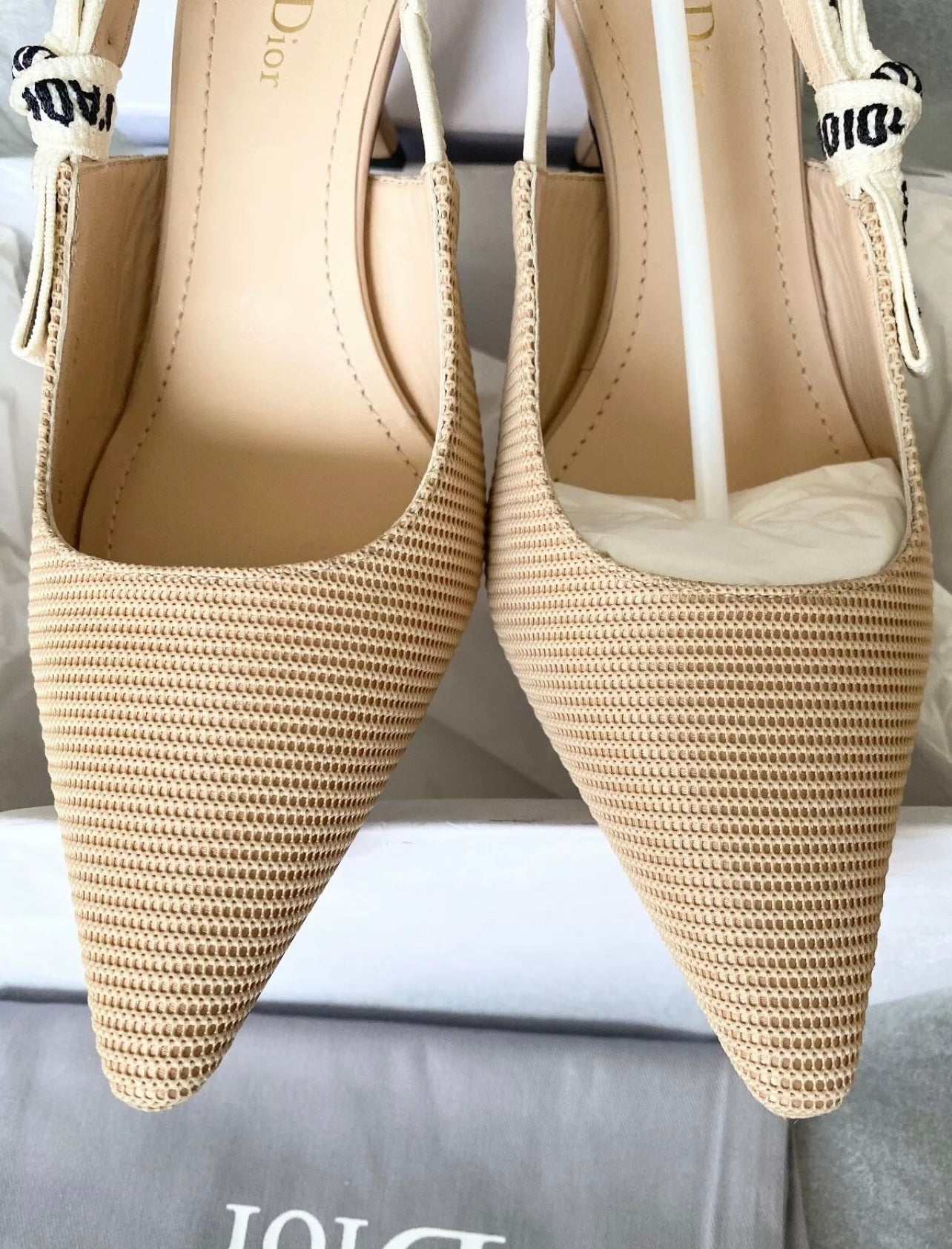 CHRISTIAN DIOR J'ADIOR FABRIC & RIBBON BEIGE KITTEN HEEL SHOES SLINGBACKS
