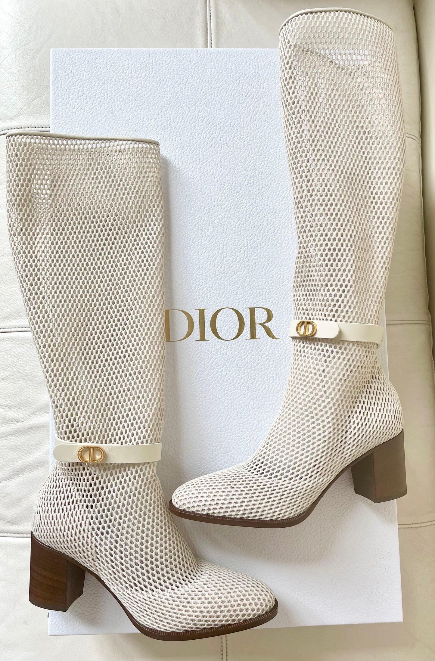 Dior Empreinte Montaigne 70 mm Off White Knee High Pull On Caged Boots