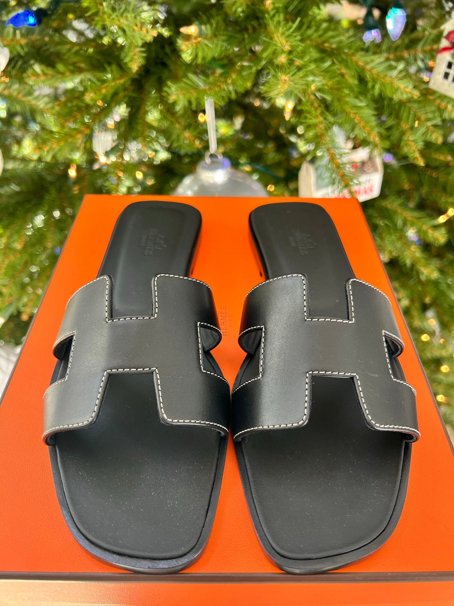 HERMES H ORAN BLACK LEATHER SANDAL MULE FLIP FLOPS SHOES FLAT SLIDES