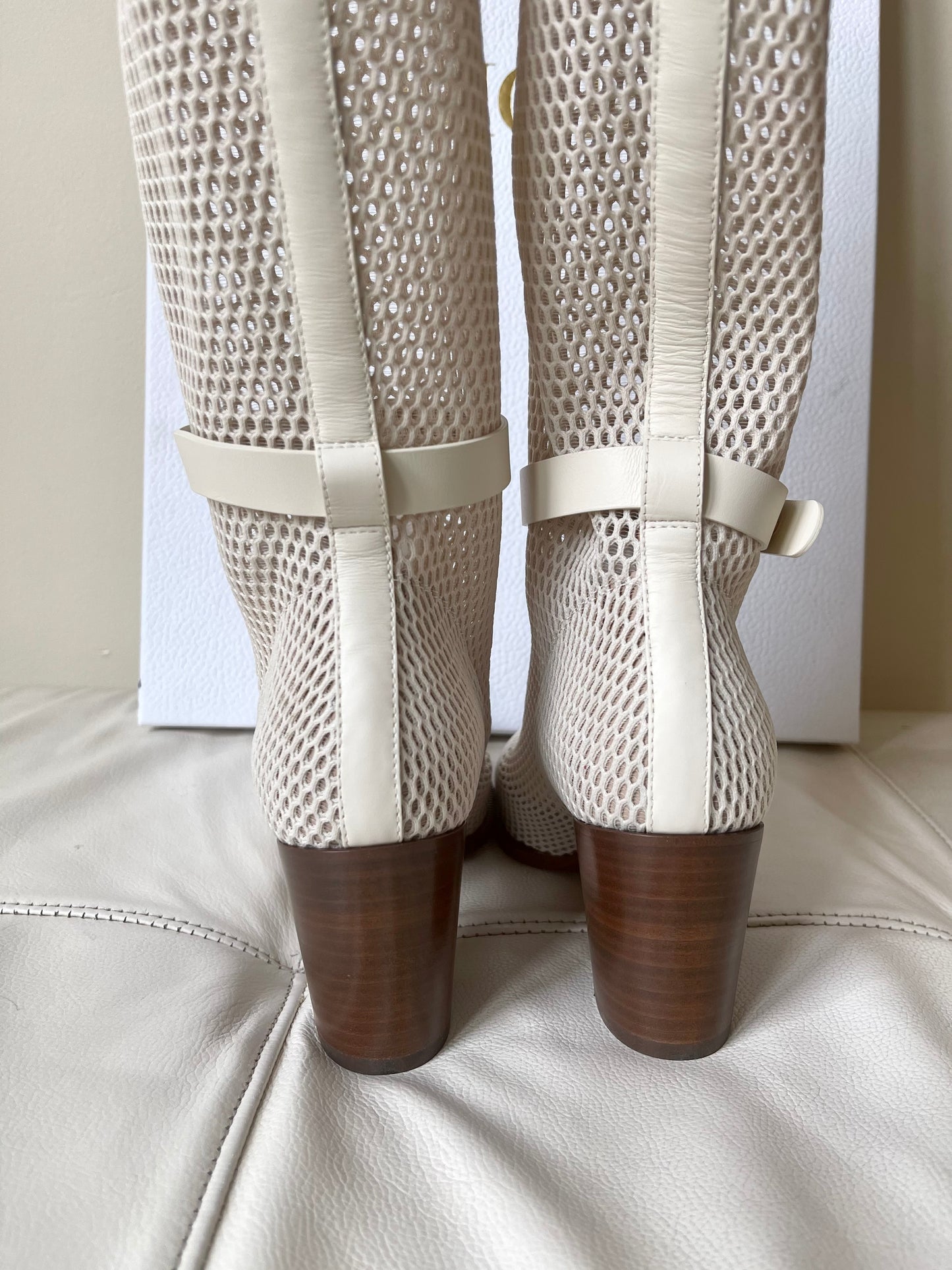 Dior Empreinte Montaigne 70 mm Off White Knee High Pull On Caged Boots