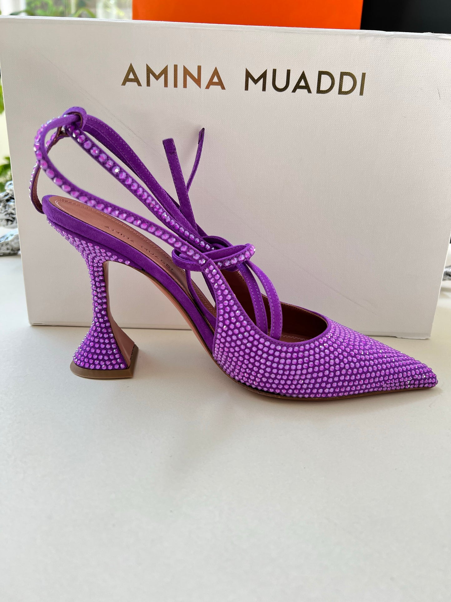 Amina Muaddi Karma Suede Crystal Embellished Lace Up Pumps Violet