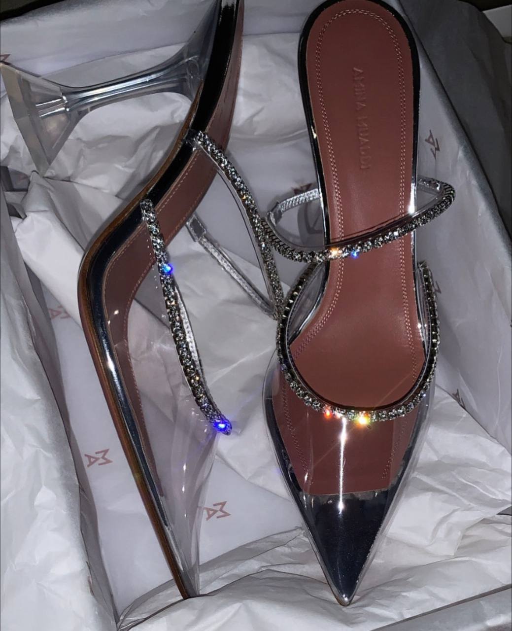Amina Muaddi Gilda PVC Glass Clear Transparent Crystal Pointed Toe Pumps Mules