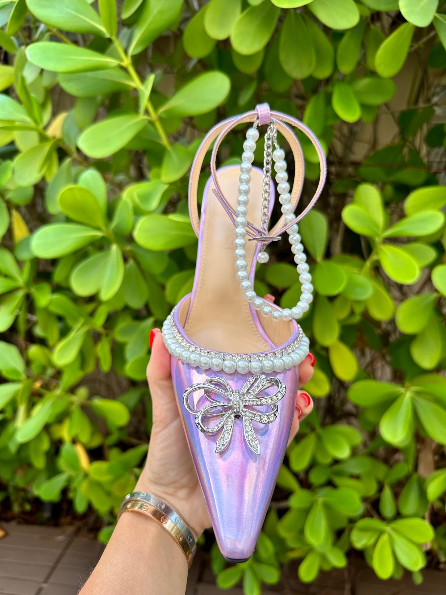 Mach & Mach Sophie Pointed Toe Crystal Embellished Pearl Bow Heel