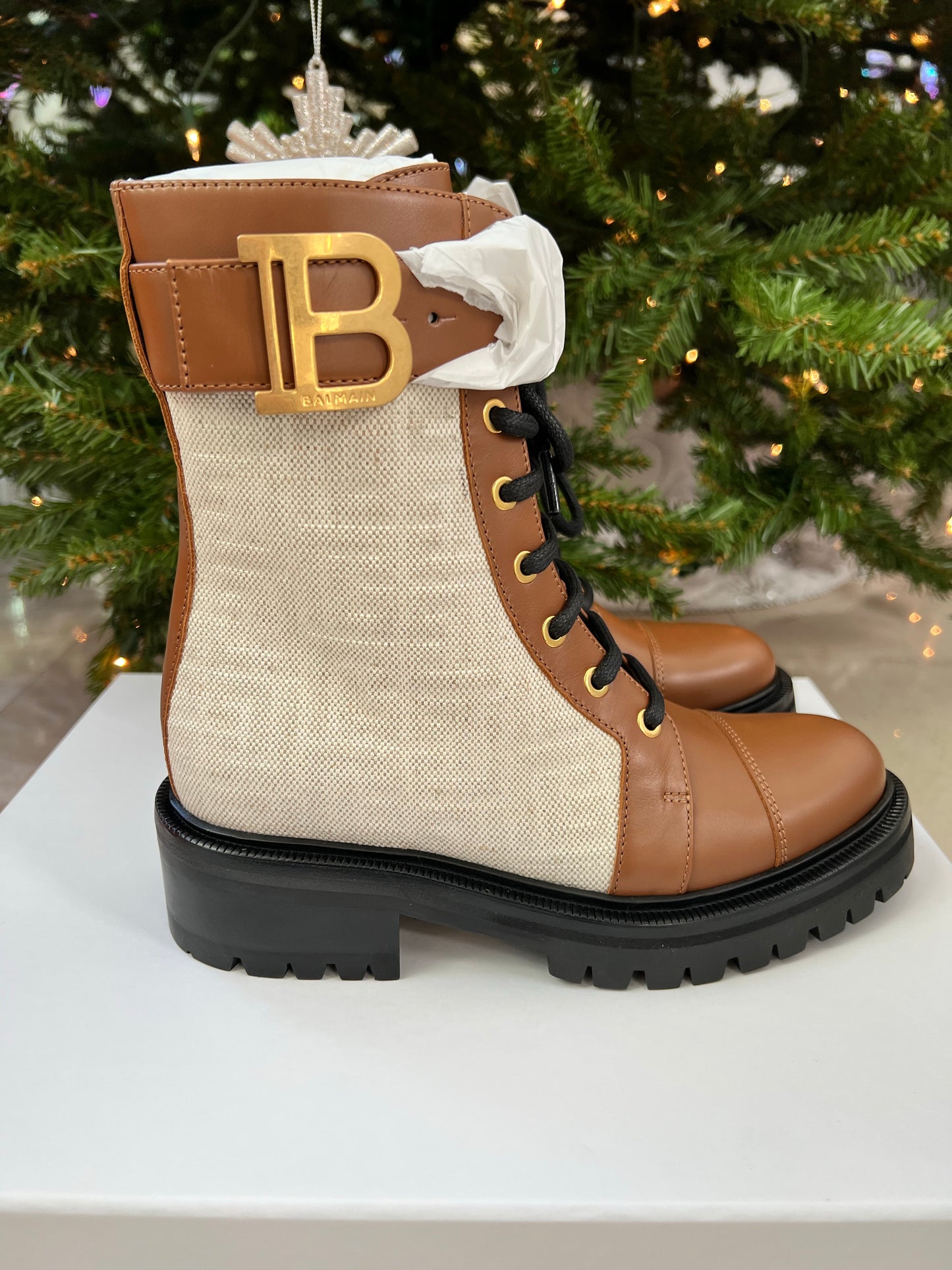 Balmain Ranger Romy Monogram Combat Brown Buckle Ankle Booties Boots