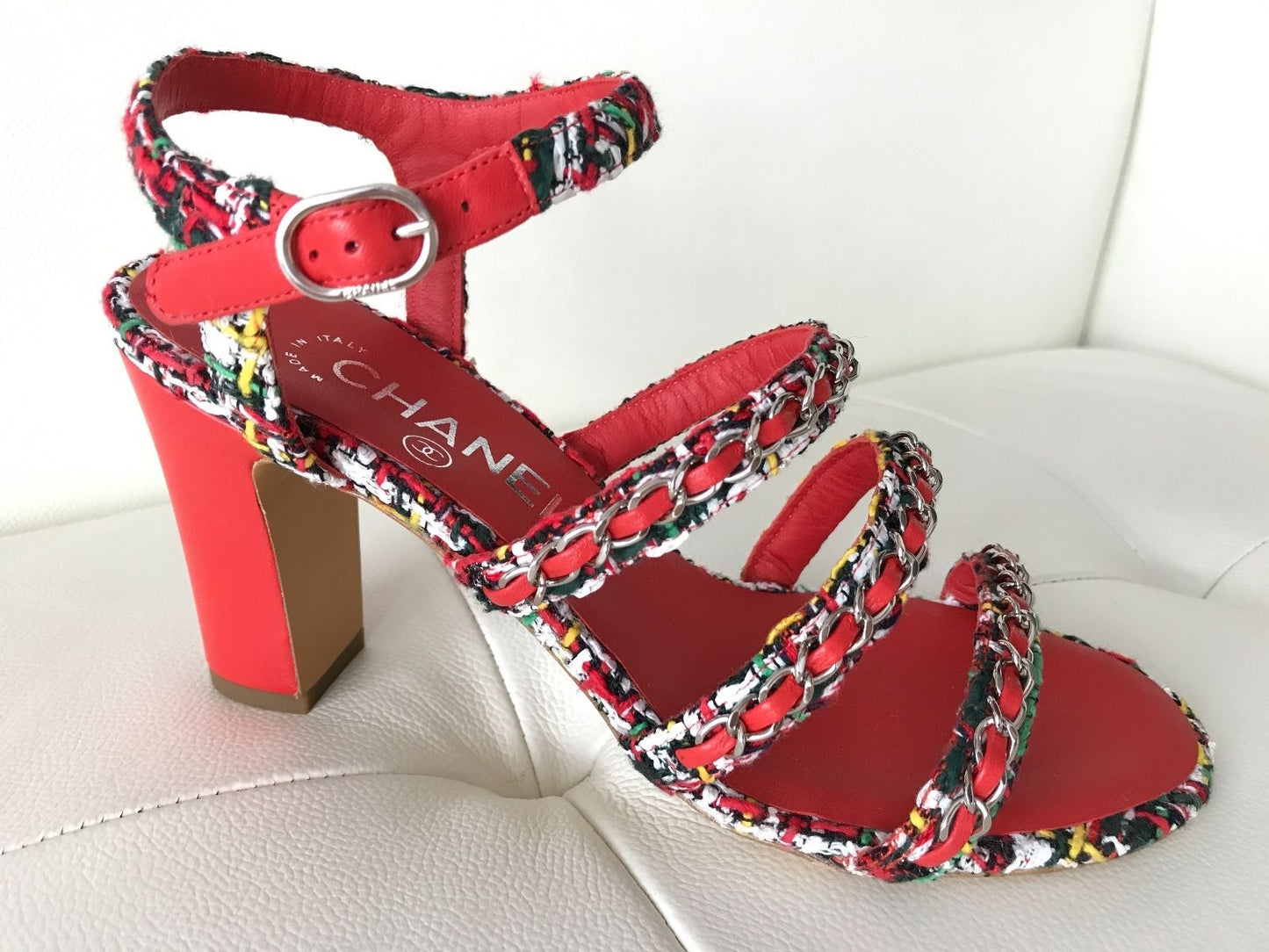 $1.1K CHANEL RED LEATHER MULTICOLOR TWEED CHAINED CHAIN SANDAL SANDALS OPEN TOE SHOES