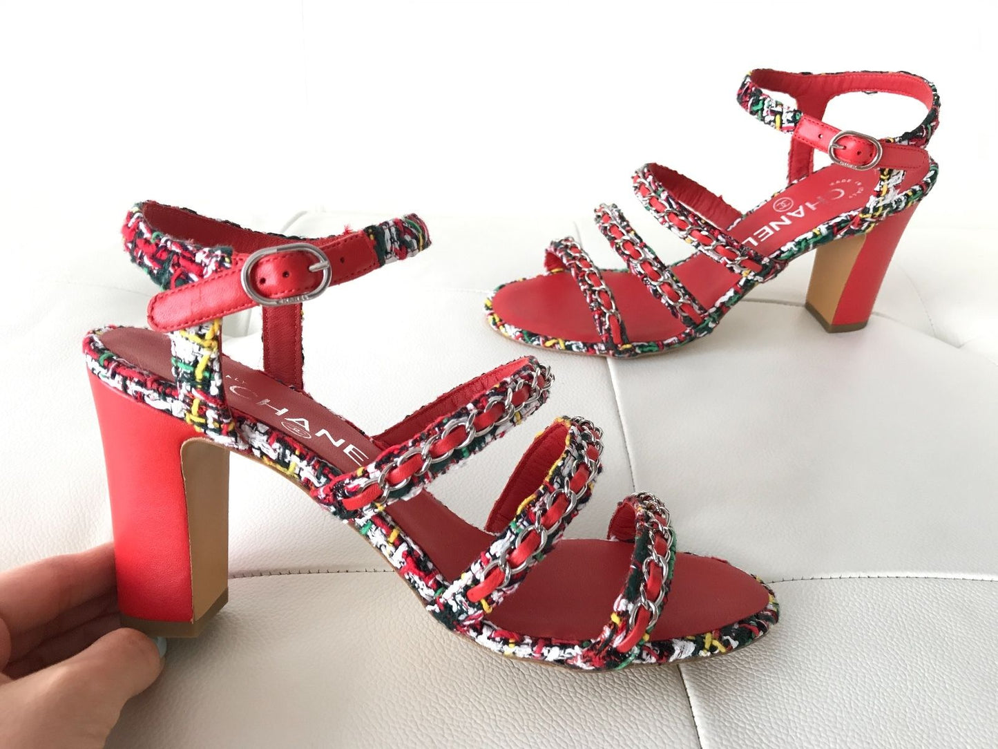 $1.1K CHANEL RED LEATHER MULTICOLOR TWEED CHAINED CHAIN SANDAL SANDALS OPEN TOE SHOES