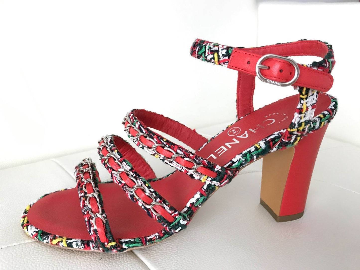 $1.1K CHANEL RED LEATHER MULTICOLOR TWEED CHAINED CHAIN SANDAL SANDALS OPEN TOE SHOES