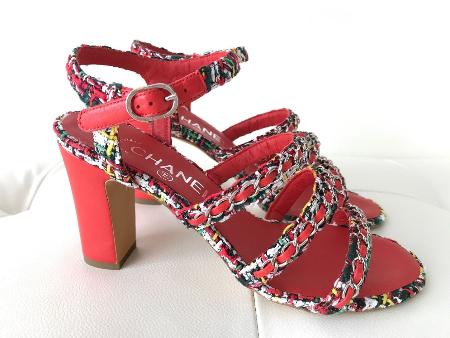 $1.1K CHANEL RED LEATHER MULTICOLOR TWEED CHAINED CHAIN SANDAL SANDALS OPEN TOE SHOES