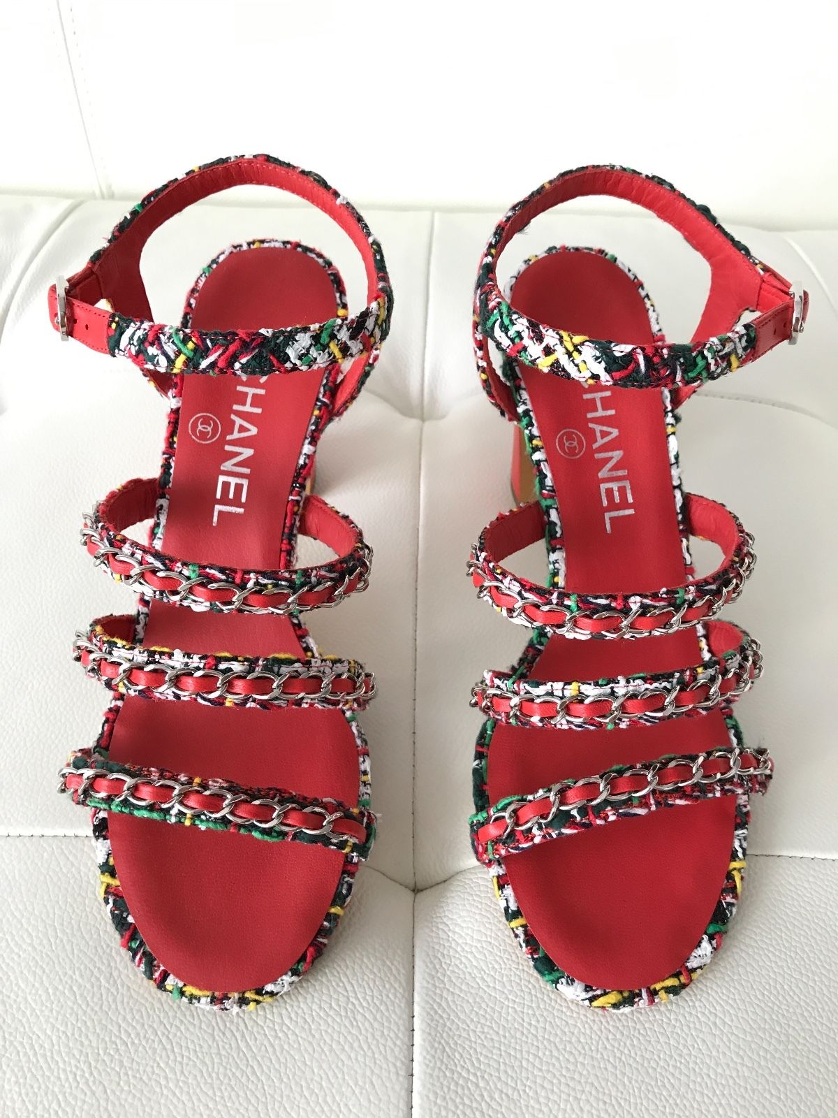 $1.1K CHANEL RED LEATHER MULTICOLOR TWEED CHAINED CHAIN SANDAL SANDALS OPEN TOE SHOES