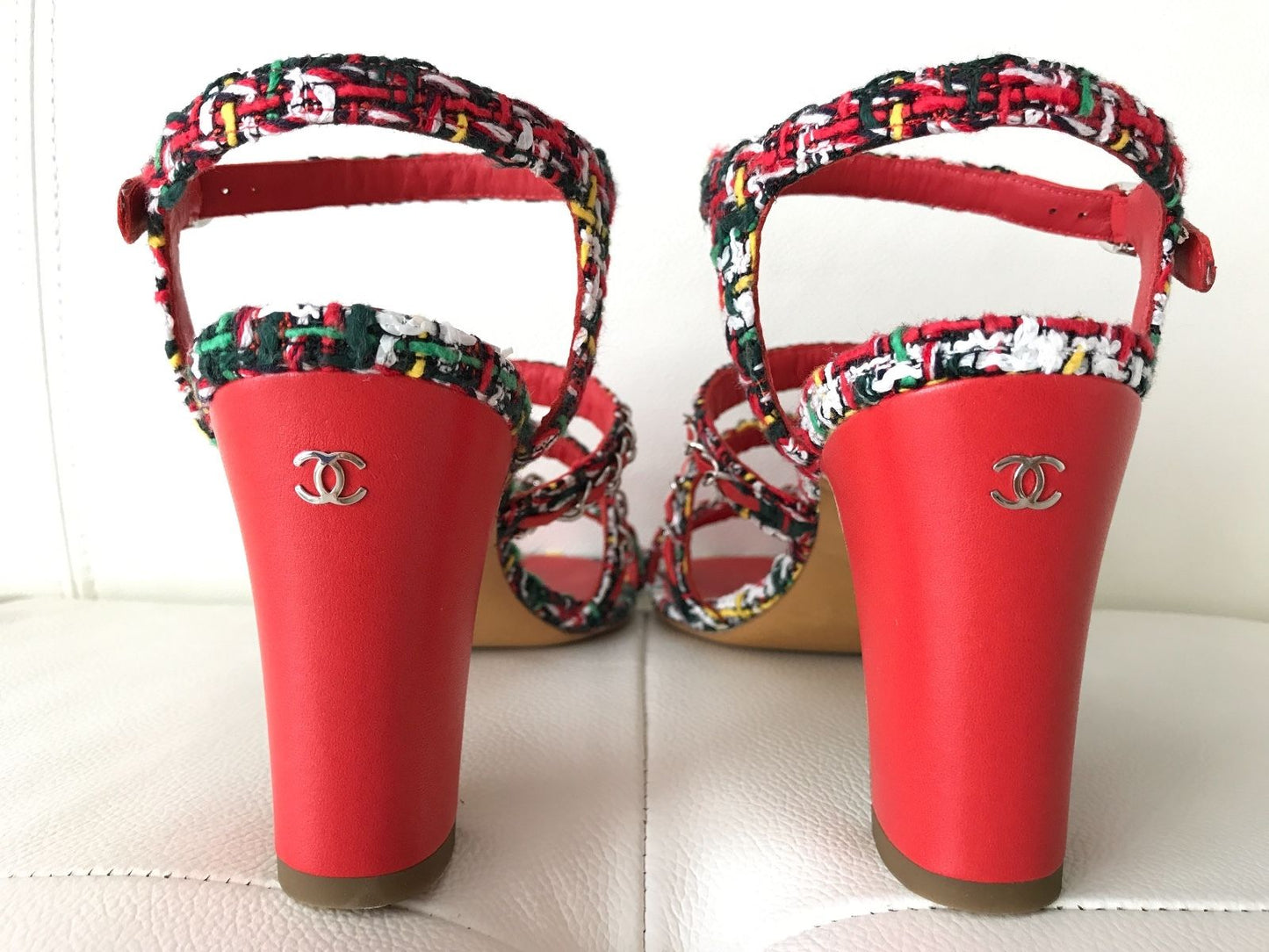 $1.1K CHANEL RED LEATHER MULTICOLOR TWEED CHAINED CHAIN SANDAL SANDALS OPEN TOE SHOES