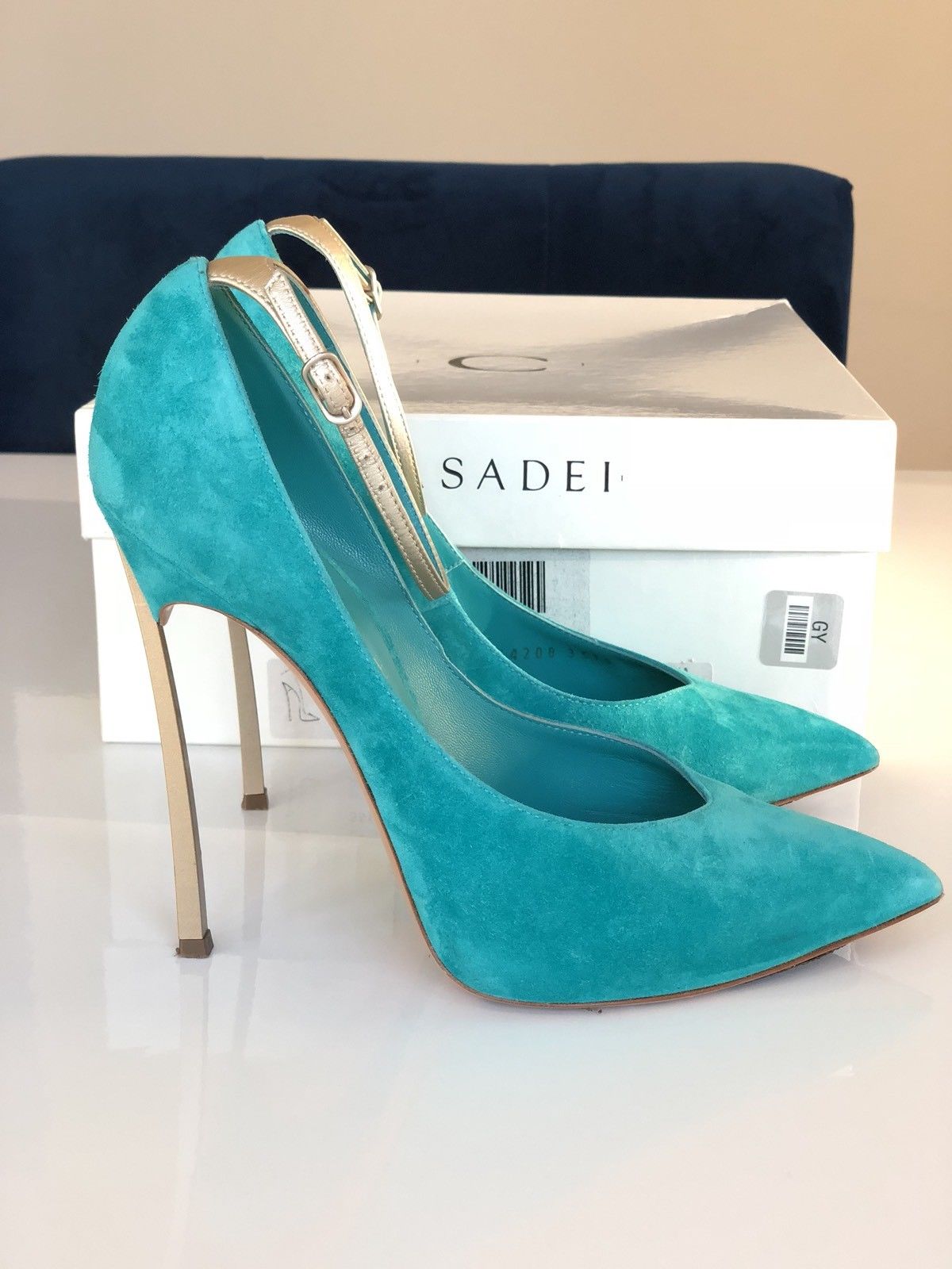 CASADEI BLADE METAL HEEL POINTED TOE TURQUOISE GREEN ANICE SUEDE PUMP SHOES