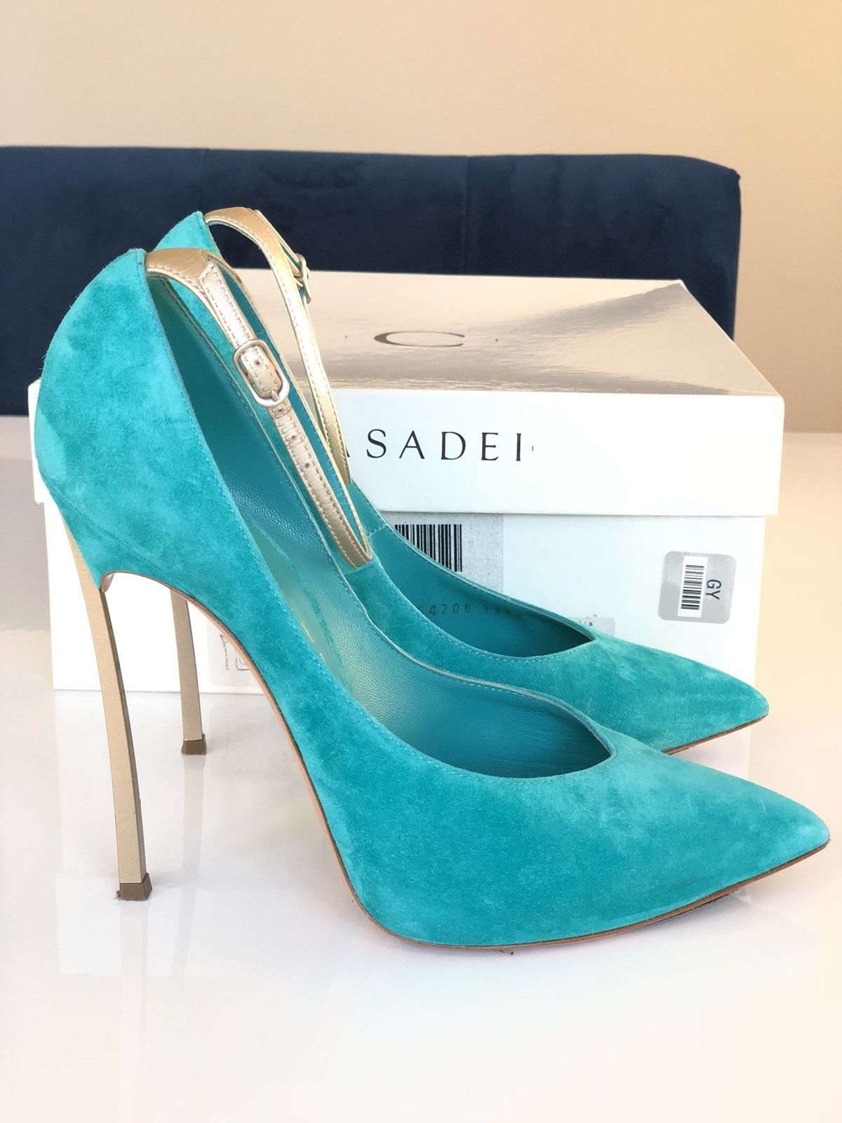 CASADEI BLADE METAL HEEL POINTED TOE TURQUOISE GREEN ANICE SUEDE PUMP SHOES