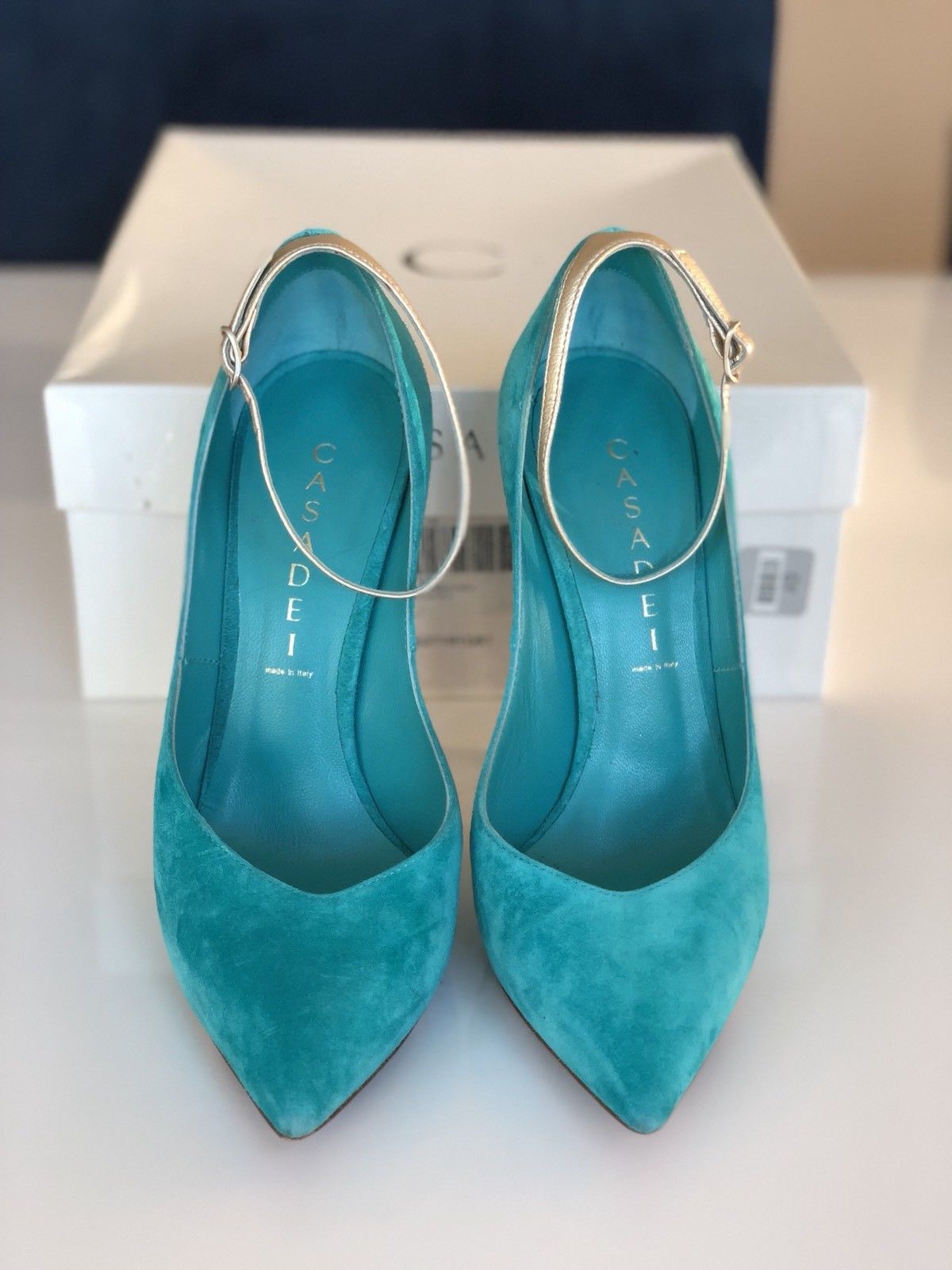CASADEI BLADE METAL HEEL POINTED TOE TURQUOISE GREEN ANICE SUEDE PUMP SHOES