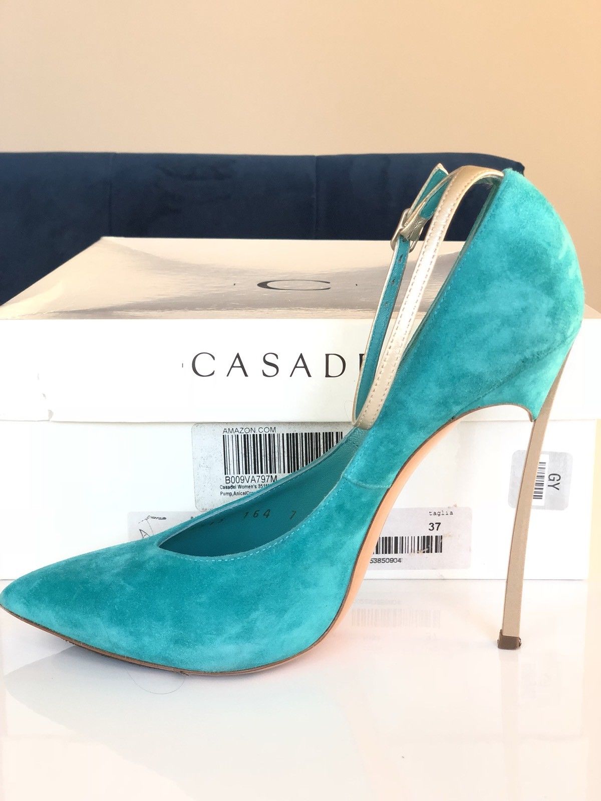 CASADEI BLADE METAL HEEL POINTED TOE TURQUOISE GREEN ANICE SUEDE PUMP SHOES