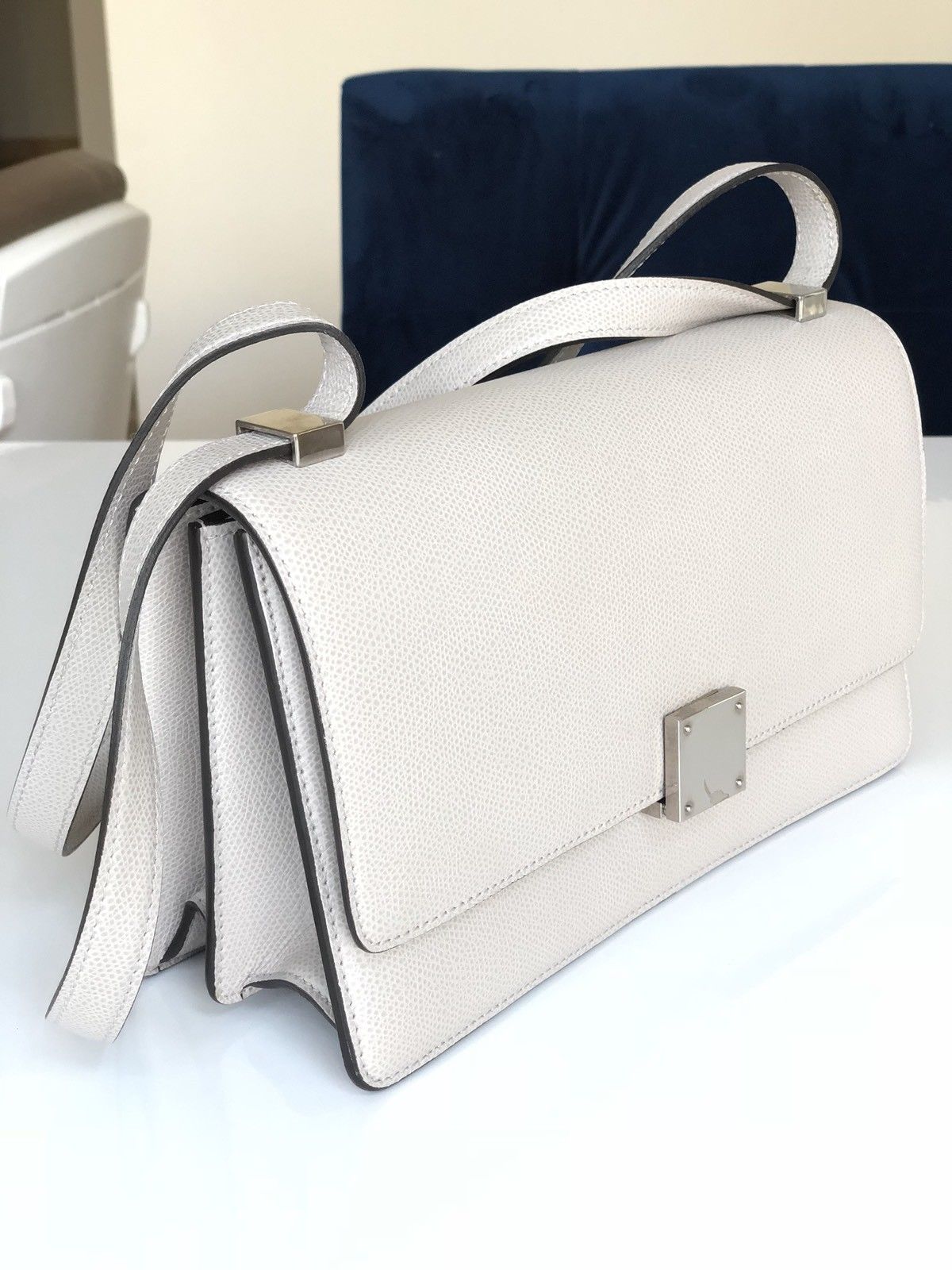 Celine Case Medium Light Gray Grey PHW Leather Flap Shoulder Handbag Bag