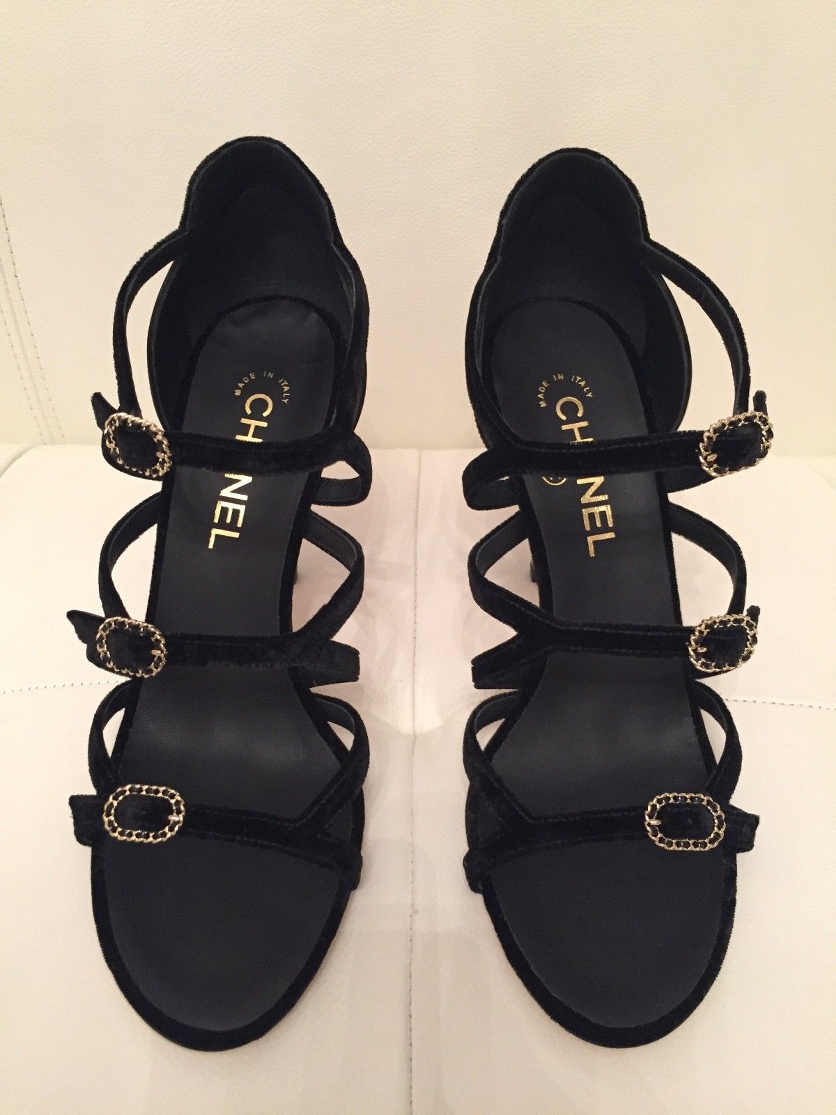 $1K CHANEL BLACK VELVET PATENT STRAPPY BUCKLE SANDAL SANDALS HEELS SHOES