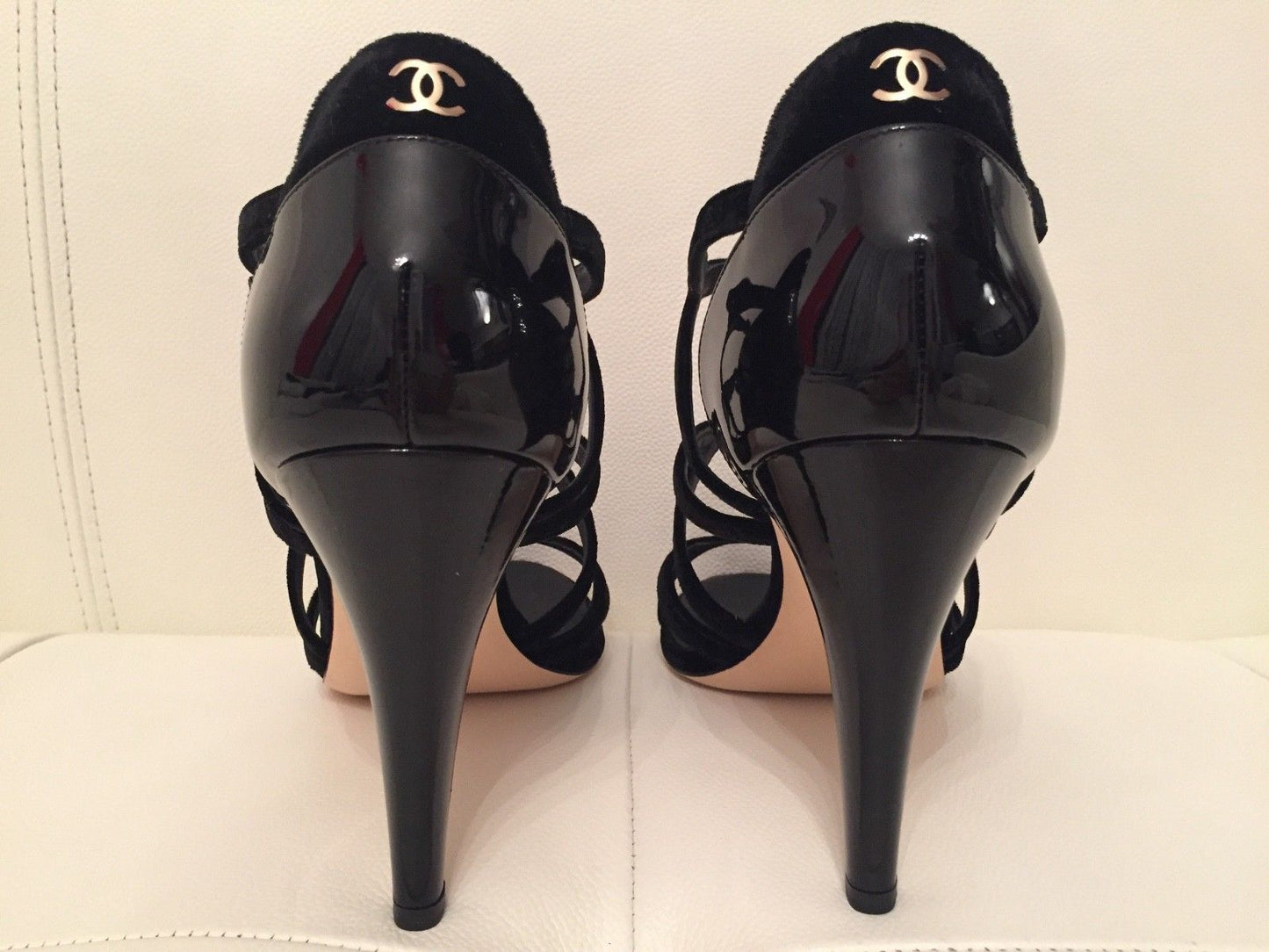 $1K CHANEL BLACK VELVET PATENT STRAPPY BUCKLE SANDAL SANDALS HEELS SHOES