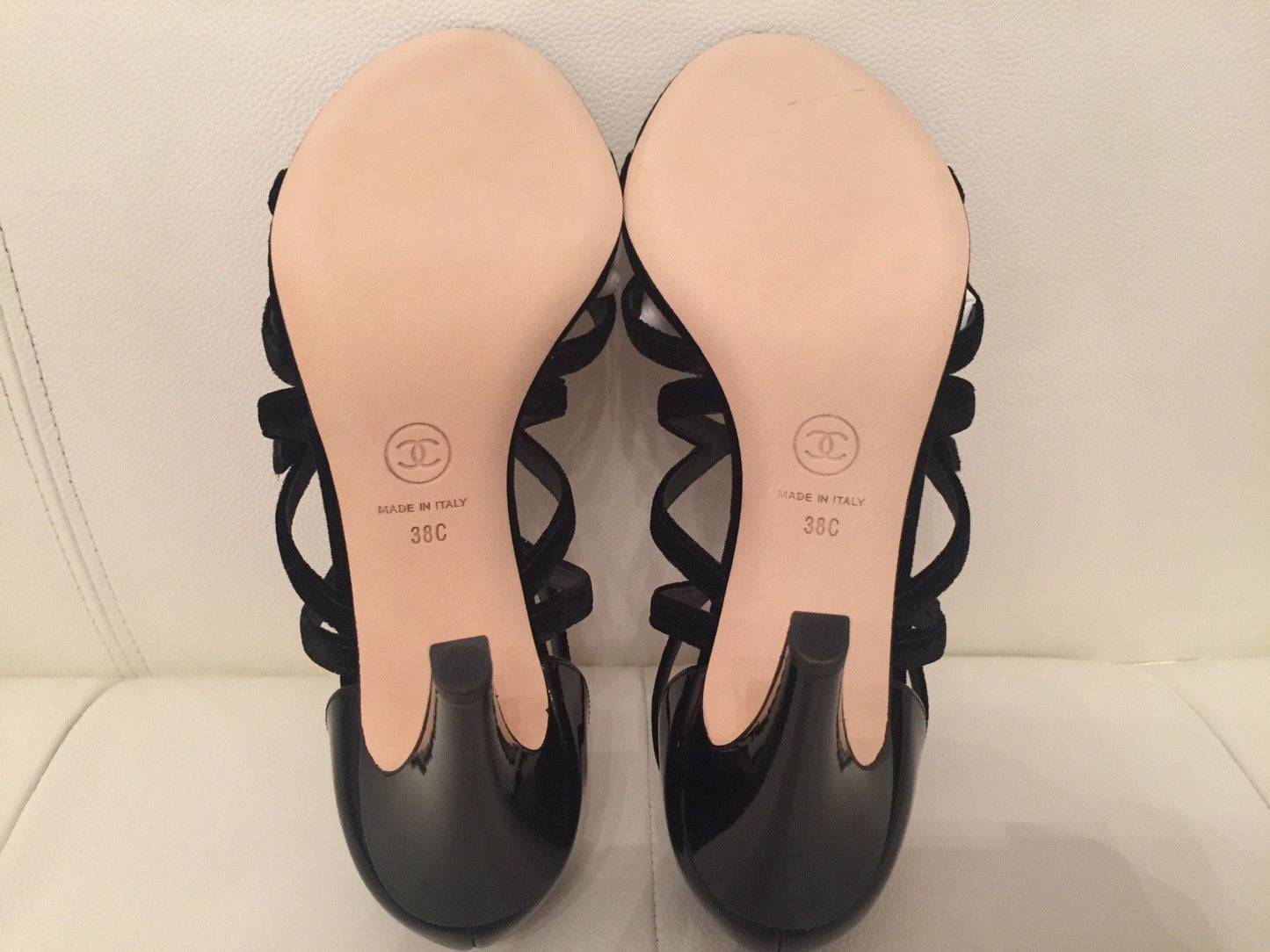 $1K CHANEL BLACK VELVET PATENT STRAPPY BUCKLE SANDAL SANDALS HEELS SHOES