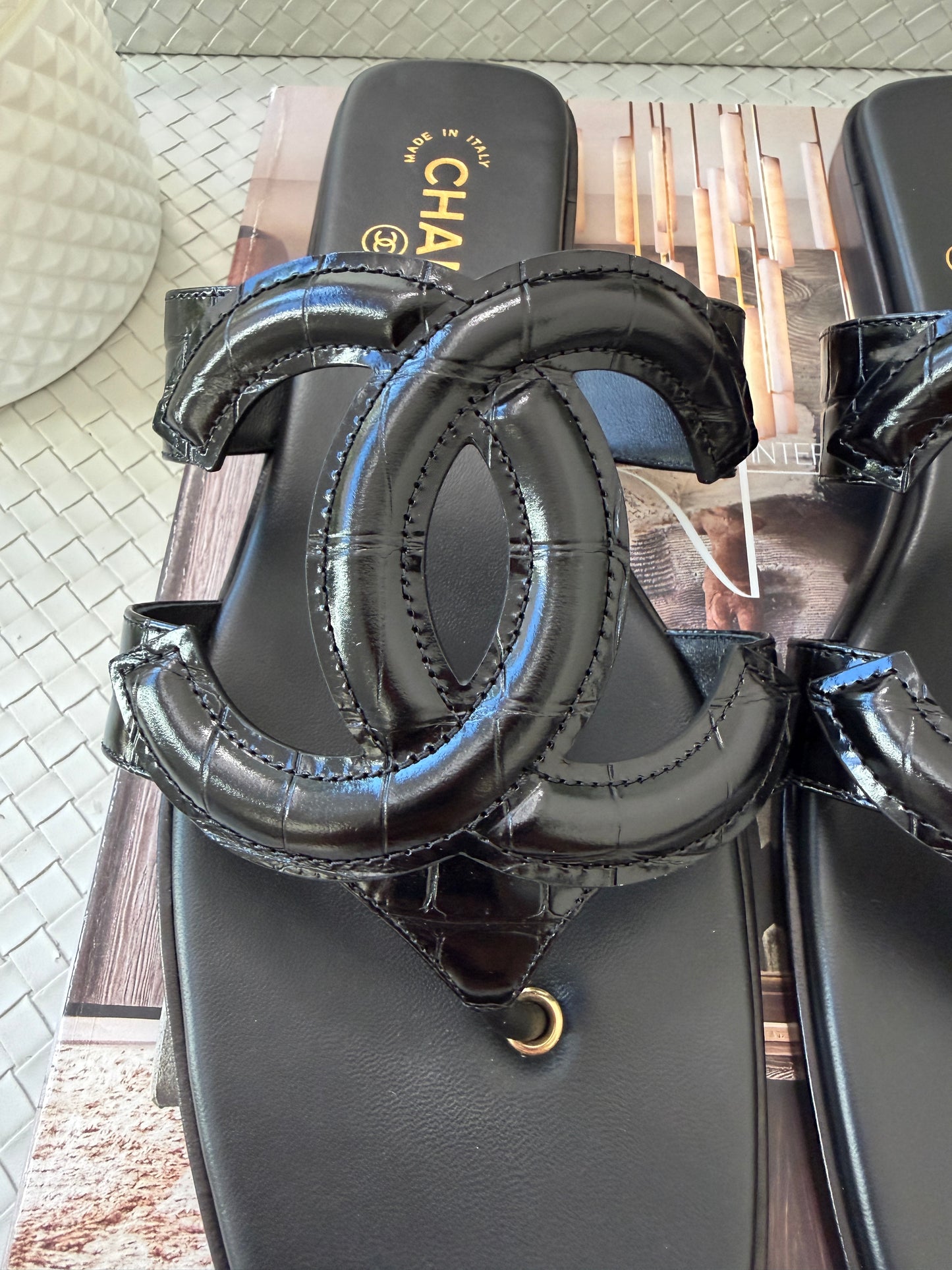 Chanel SS 26 Blazy Black Leather Croc Embossed CC Logo Slides Flat Flip Flop Mules Sandals