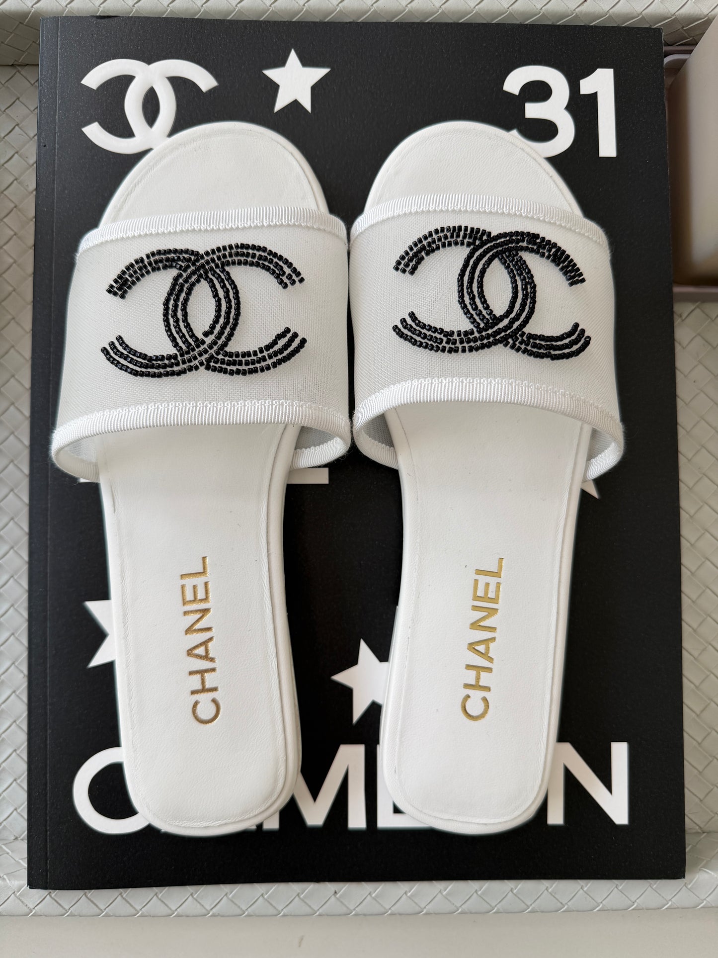 Chanel Blazy White Mesh Black Beads CC Logo Slides Sandals Mules Slide Flats