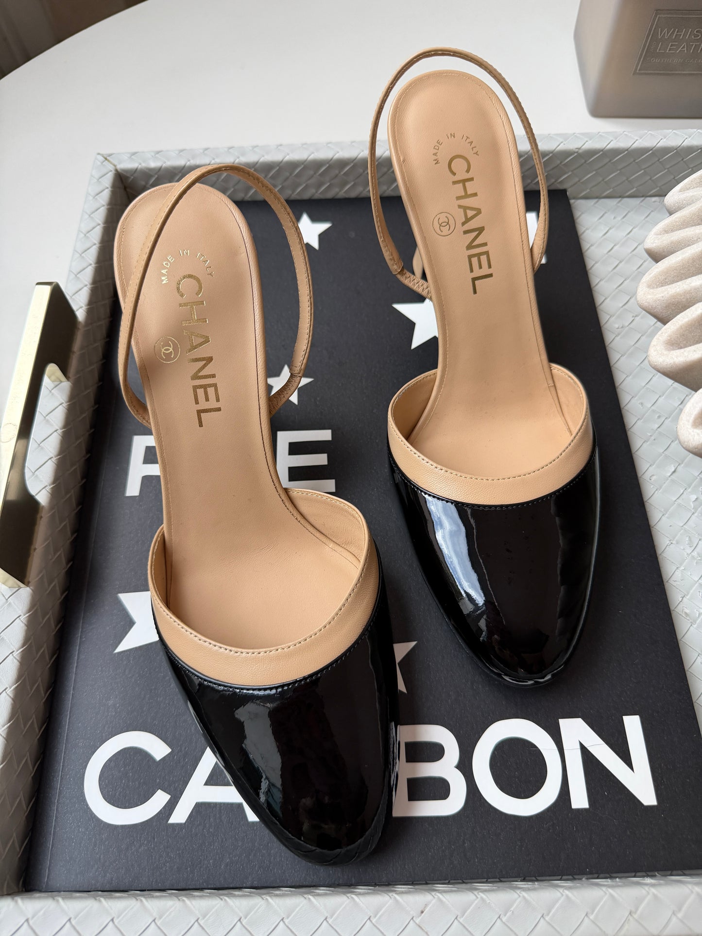 Chanel SS26 Beige Black Lambskin Patent Calfskin Leather Classic Slingbacks Pumps Heels