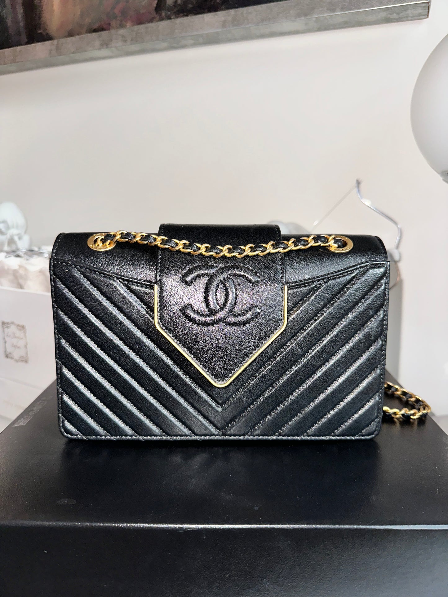 Chanel Collar and Tie Flap Bag Chevron Sheepskin Mini Gold Metal Black Handbag Pre-Owned