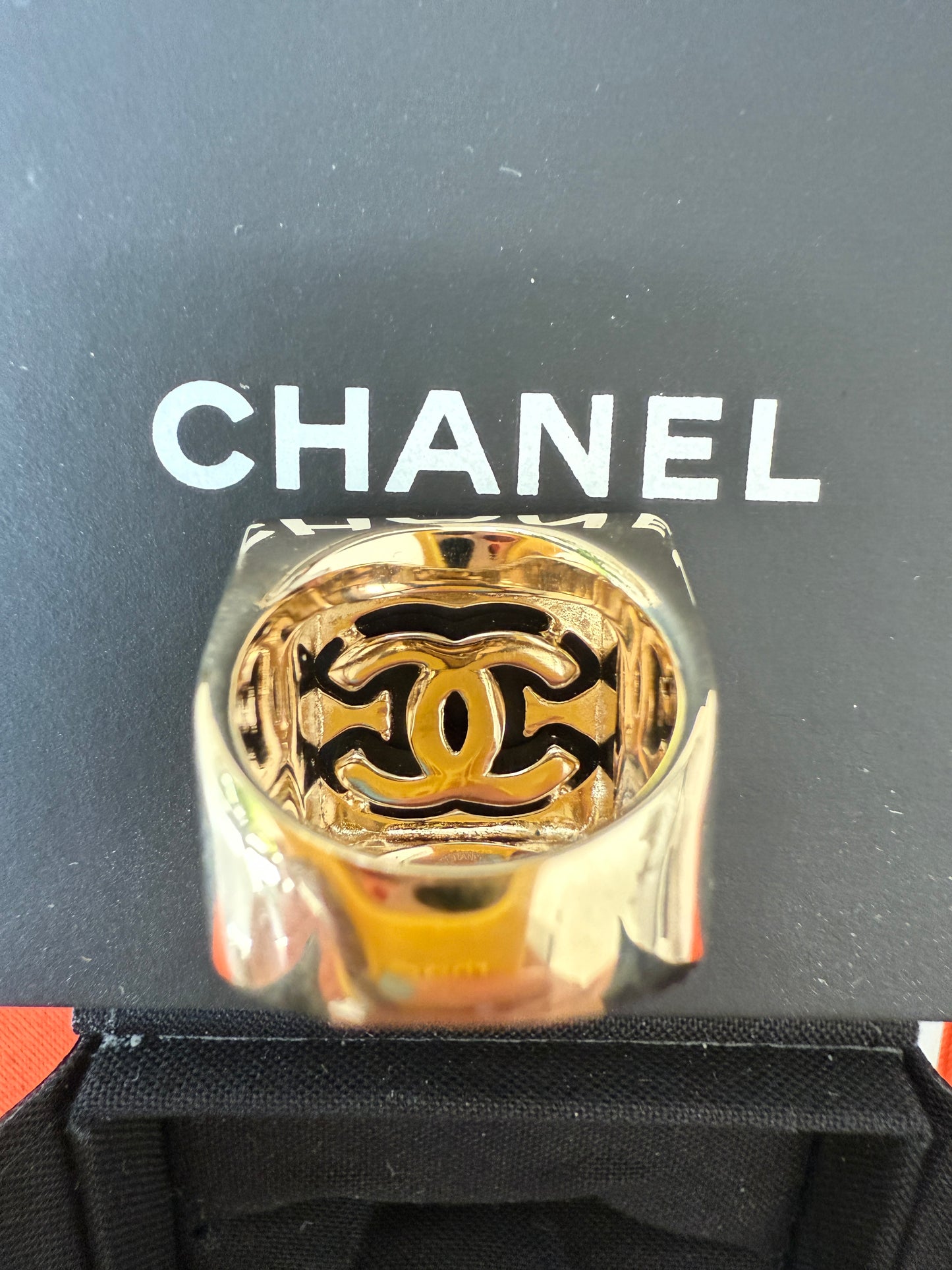 Chanel 22S CC Logo Crystals Strass Crystal Metal Gold Tone Square Ring