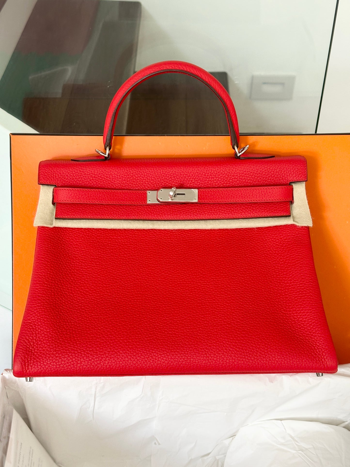 Hermes Kelly 35 Rouge Tomate Red Retourne Togo Leather Palladium Hardware PHW Bag Handbag
