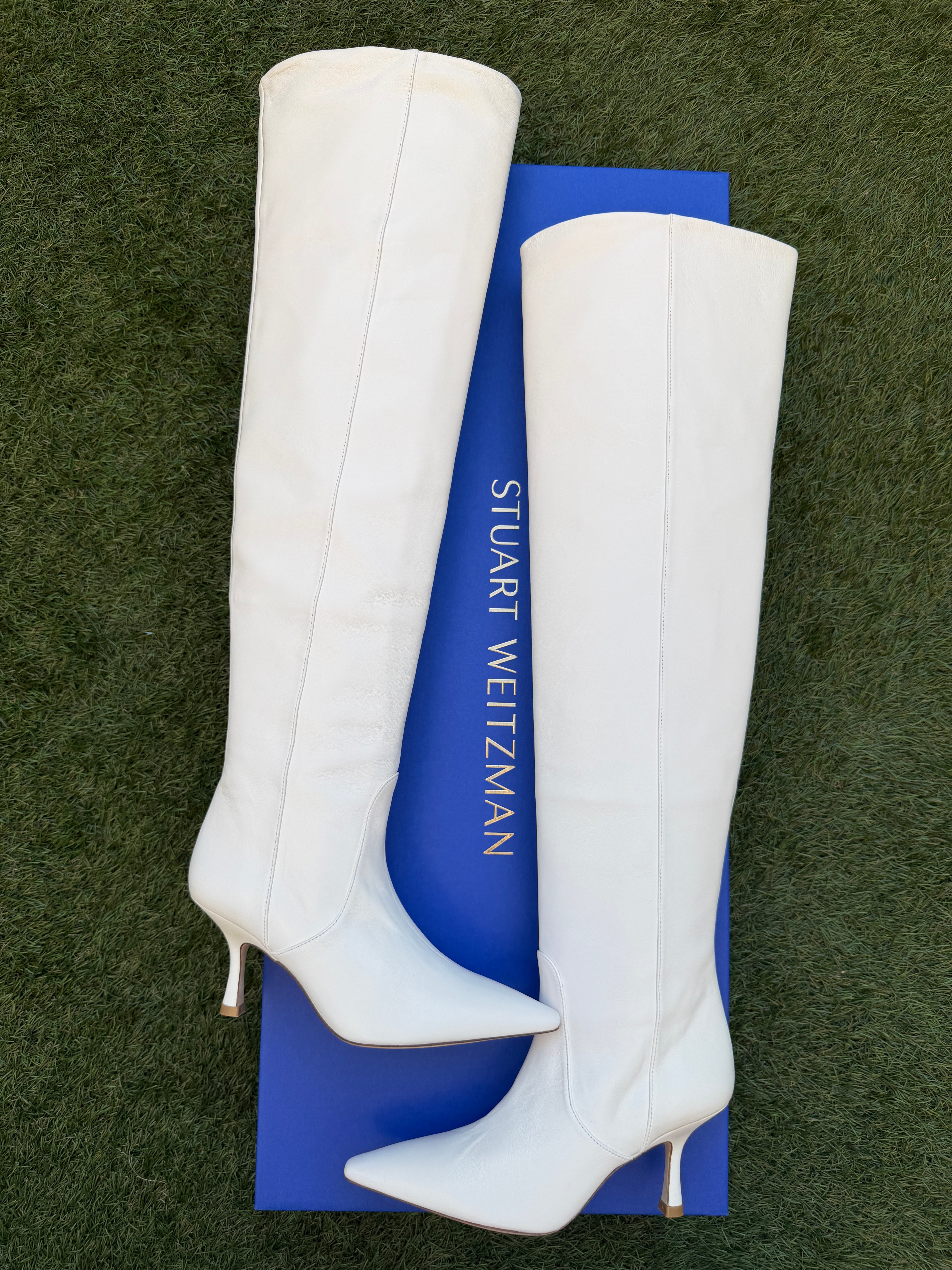 STUART WEITZMAN NAOMI NAPA LEATHER IVORY WHITE ZIP OVER KNEE BOOTS