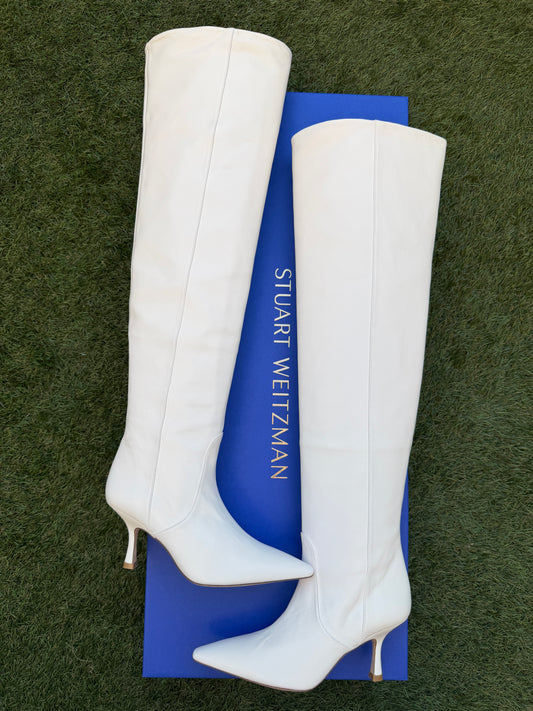 STUART WEITZMAN NAOMI NAPA LEATHER IVORY WHITE ZIP OVER KNEE BOOTS WIDE CALF BOOT