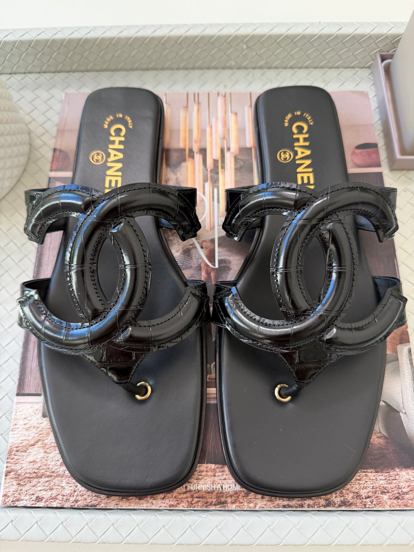 Chanel SS 26 Blazy Black Leather Croc Embossed CC Logo Slides Flat Flip Flop Mules Sandals