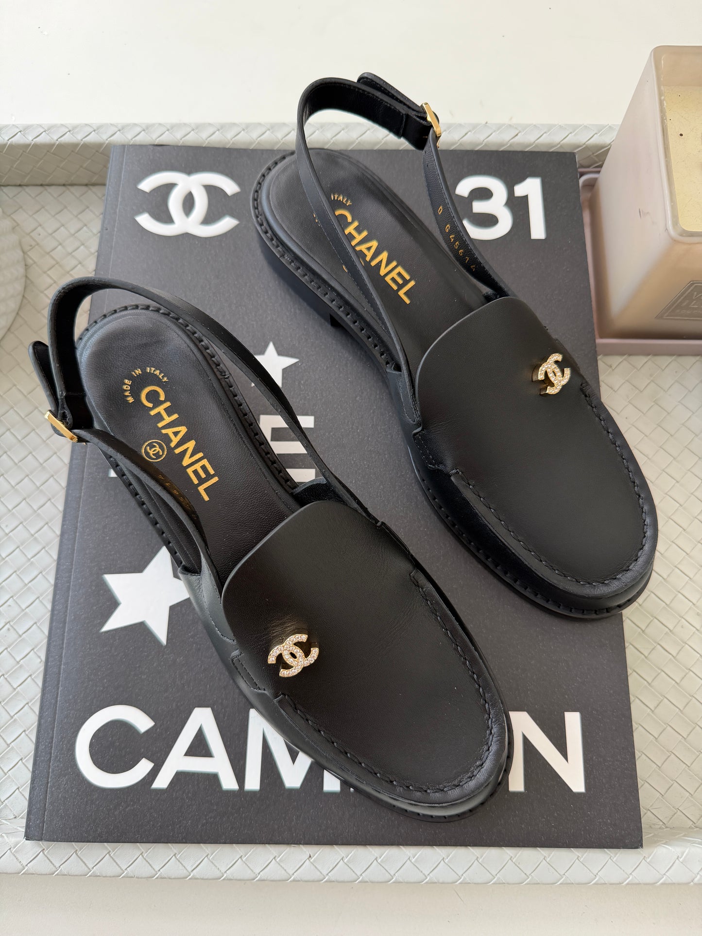 Chanel Metiers D’art 26 Strass CC Logo Black Leather Slingback Loafers Flats