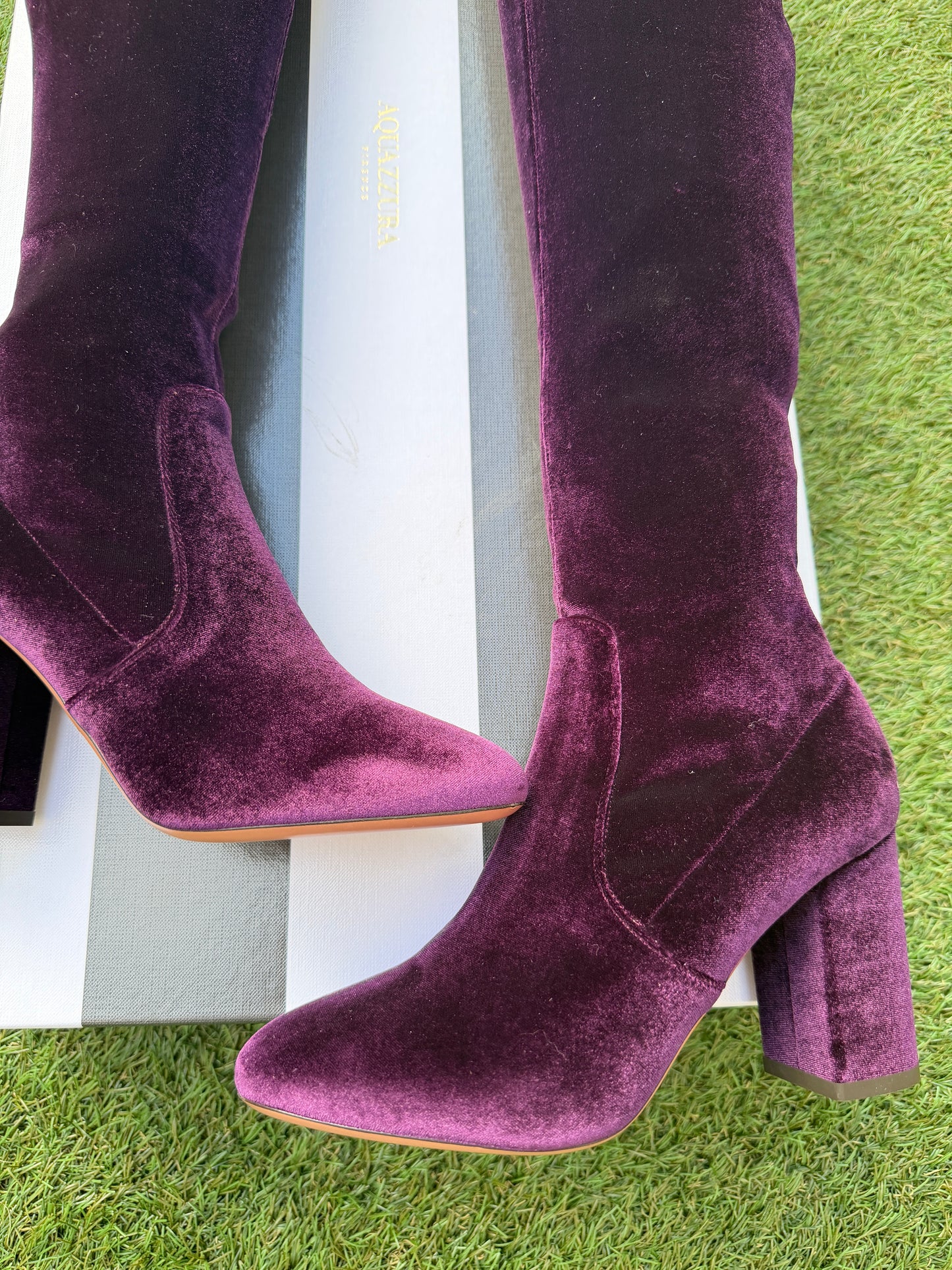 AQUAZZURA VELVET 85 THIGH HIGH  PURPLE SO ME ZIP OVER KNEE BOOT BOOTS