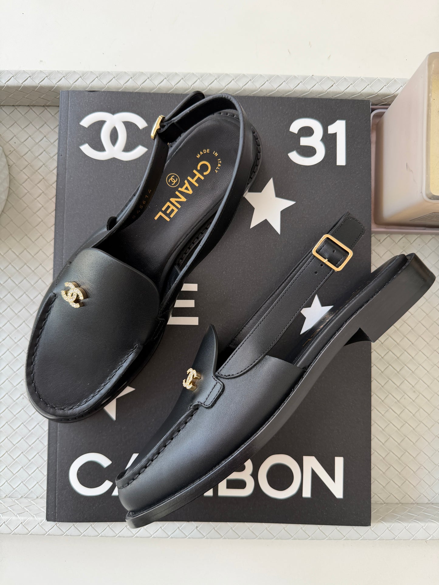 Chanel Metiers D’art 26 Strass CC Logo Black Leather Slingback Loafers Flats