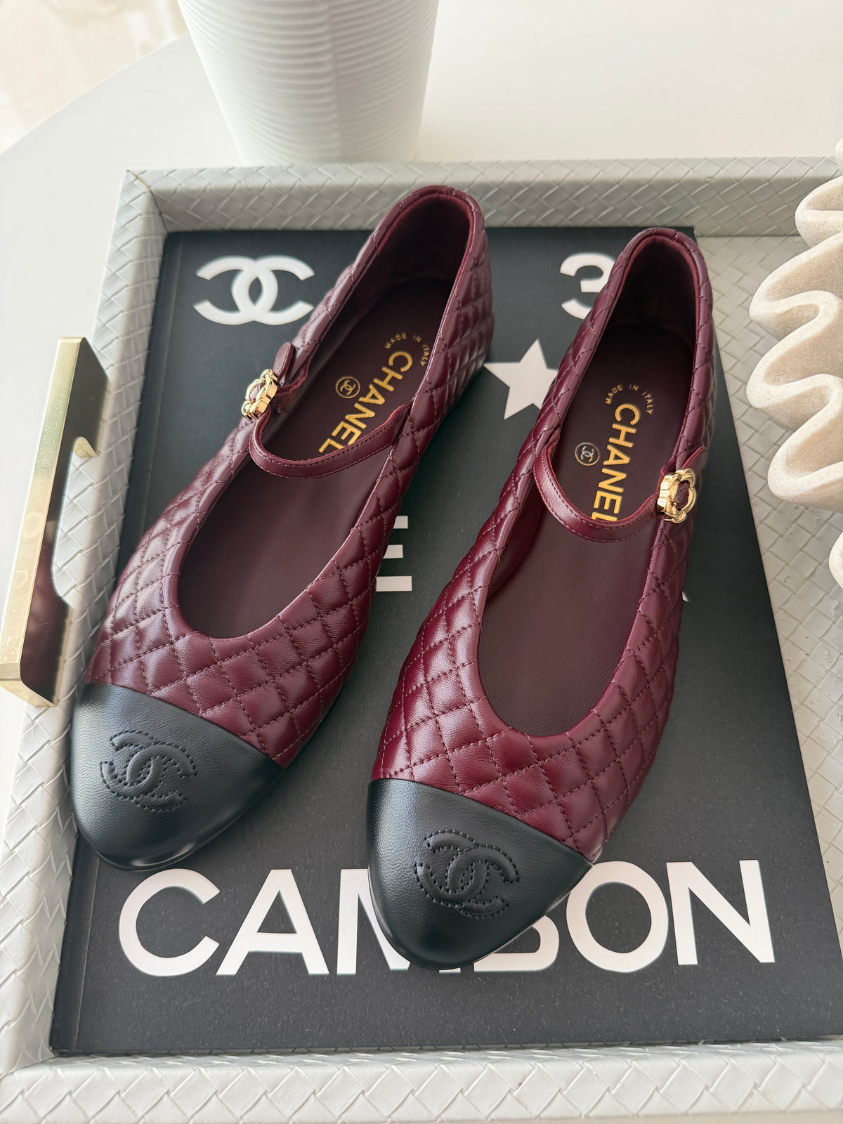 CHANEL CC LOGO BURGUNDY LEATHER MARYJANE BALLET BALLERINA FLATS SHOES GOLD BUCKLE QUILTED BLACK CAP TOE