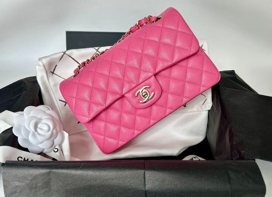 CHANEL PINK CAVIAR LEATHER SMALL CLASSIC DOUBLE FLAP BAG LIGHT GOLD HARDWARE