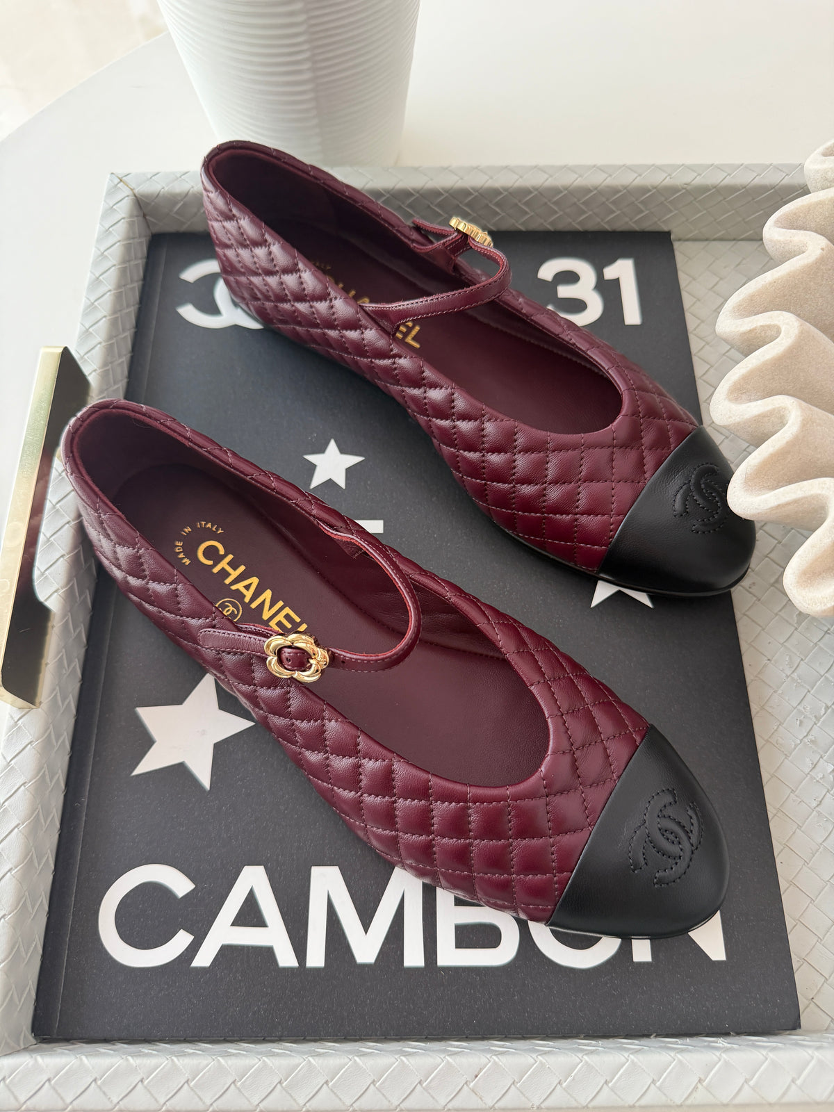 CHANEL CC LOGO BURGUNDY LEATHER MARYJANE BALLET BALLERINA FLATS SHOES GOLD BUCKLE QUILTED BLACK CAP TOE