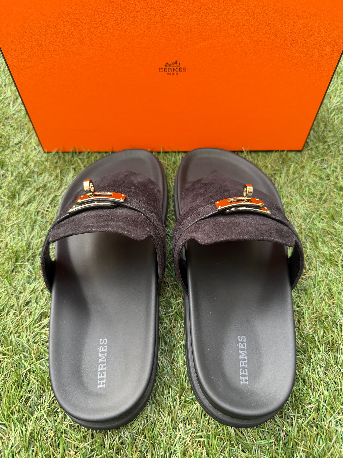 HERMES EMPIRE BLACK NOIR  SUEDE LEATHER FLIP FLOPS SHOES FLAT THONG SANDALS MULE