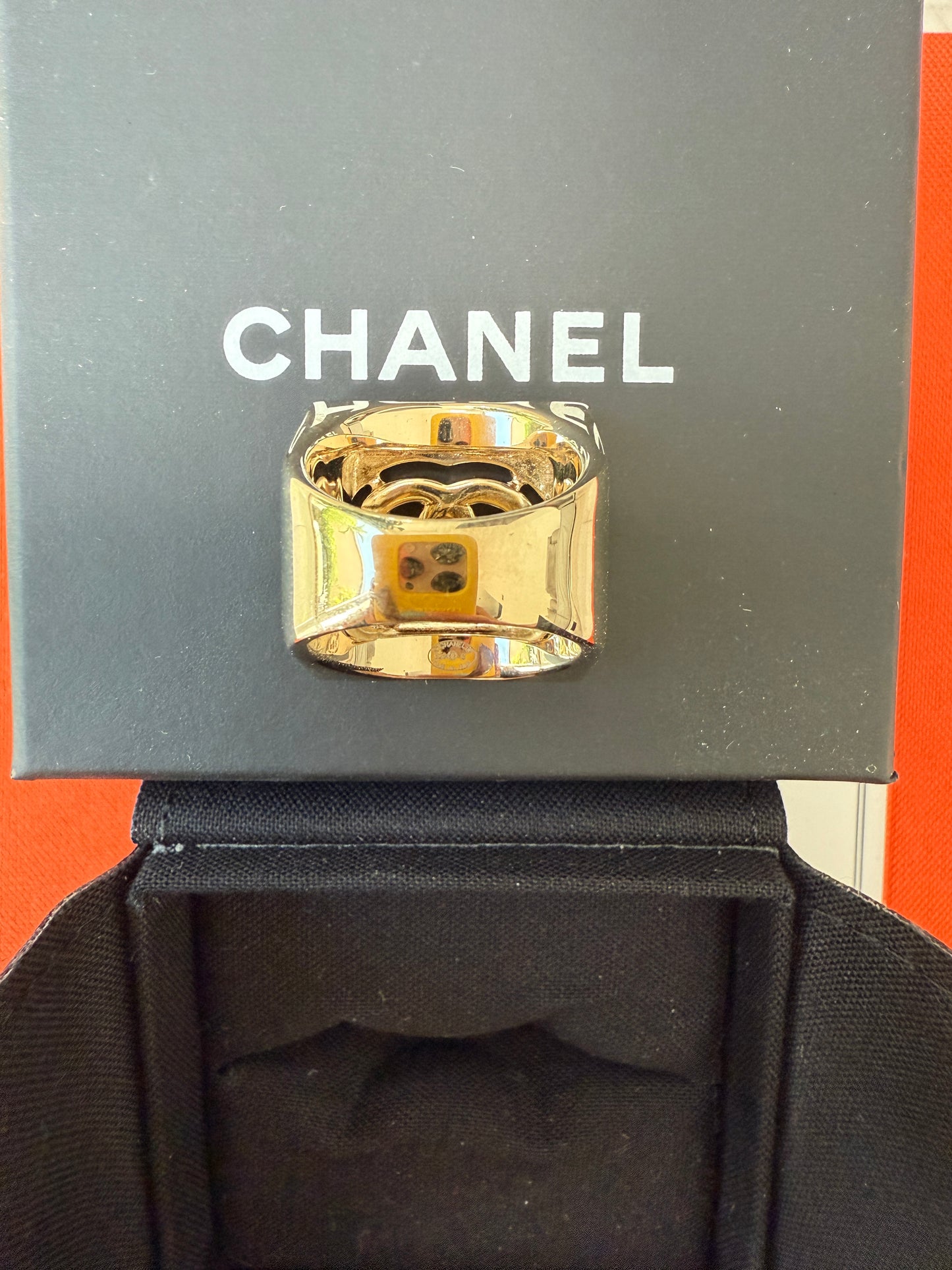 Chanel 22S CC Logo Crystals Strass Crystal Metal Gold Tone Square Ring