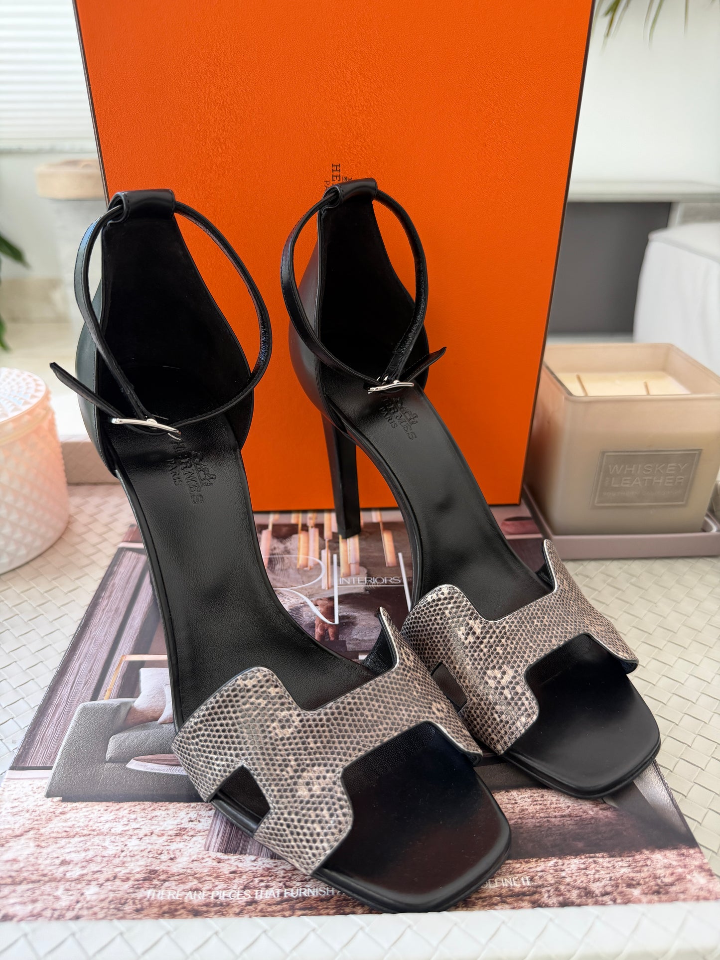 Hermes Joy 105 Ombré Noir Black Natura Lizard Calfskin Leather Ankle Strap Heels
