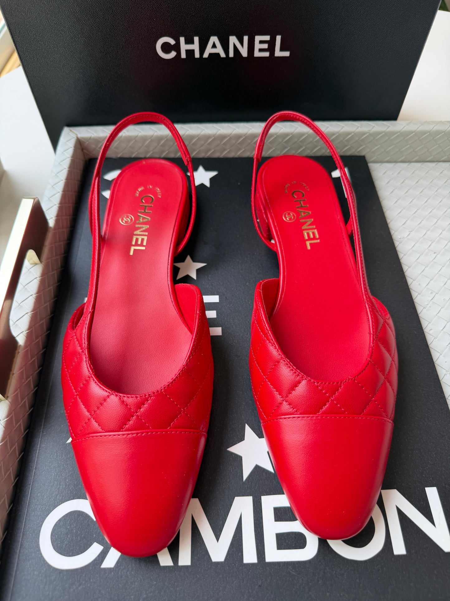 Chanel 26B Red Agneau Rouge Quilted Lambskin Leather Slingback Sling CC Flats